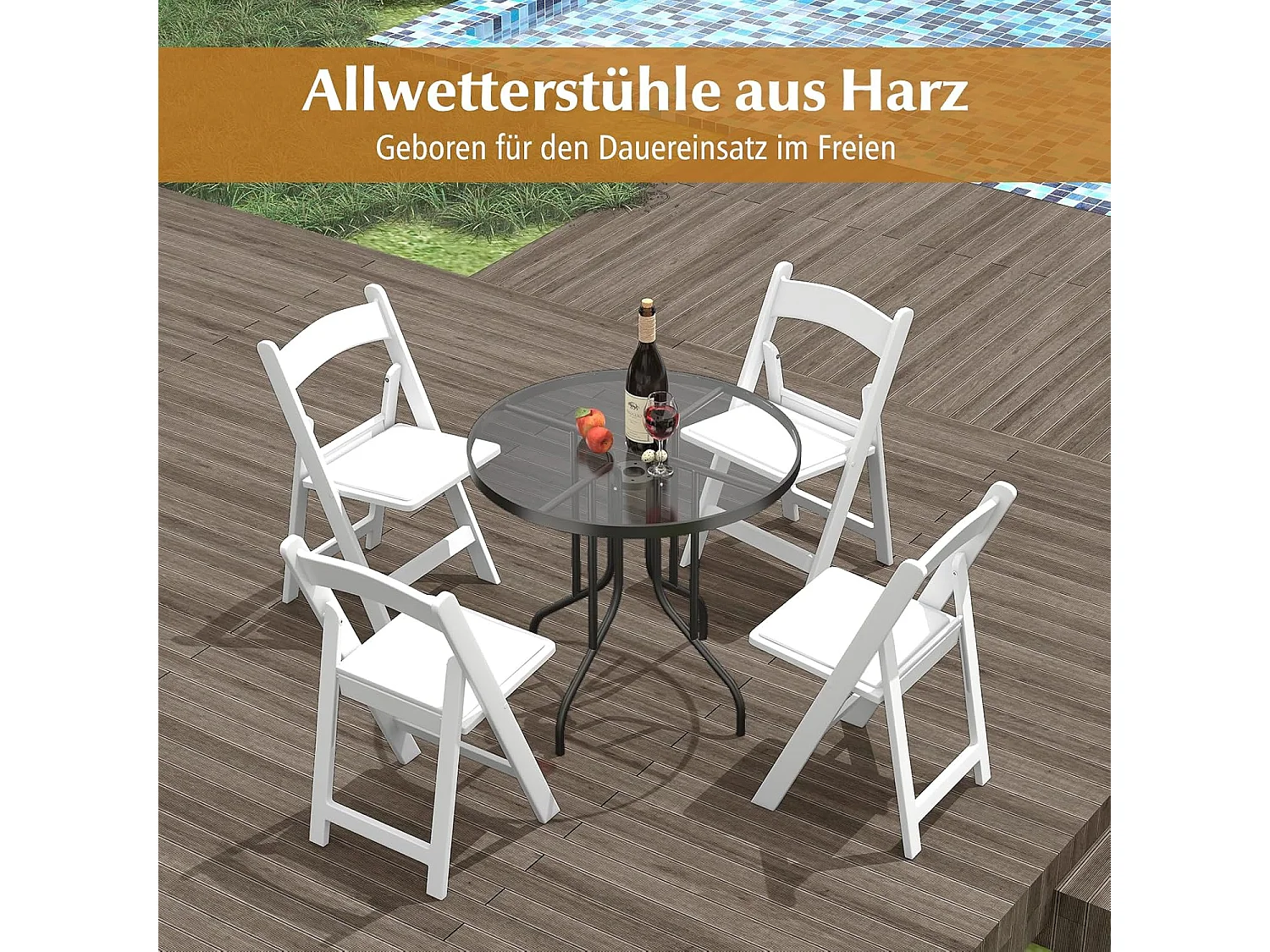 Set van 2 tuinstoelen van kunsthars, klapstoelen, belastbaar tot 500 kg, inklapbare terrasstoelen, balkonstoelen voor tuin,balkon, bruiloft, feest, wit ZB33133