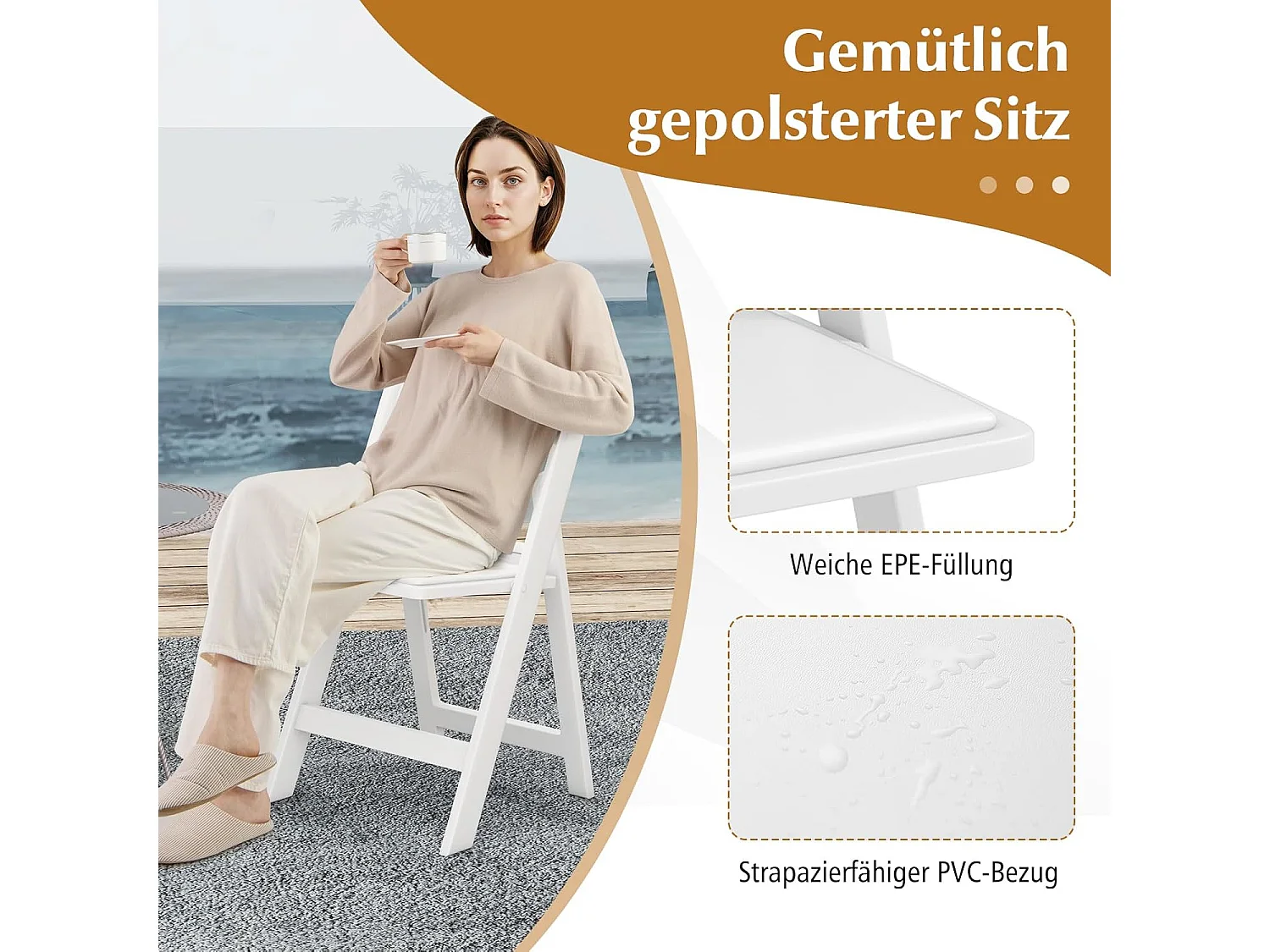 Set van 2 tuinstoelen van kunsthars, klapstoelen, belastbaar tot 500 kg, inklapbare terrasstoelen, balkonstoelen voor tuin,balkon, bruiloft, feest, wit ZB33133