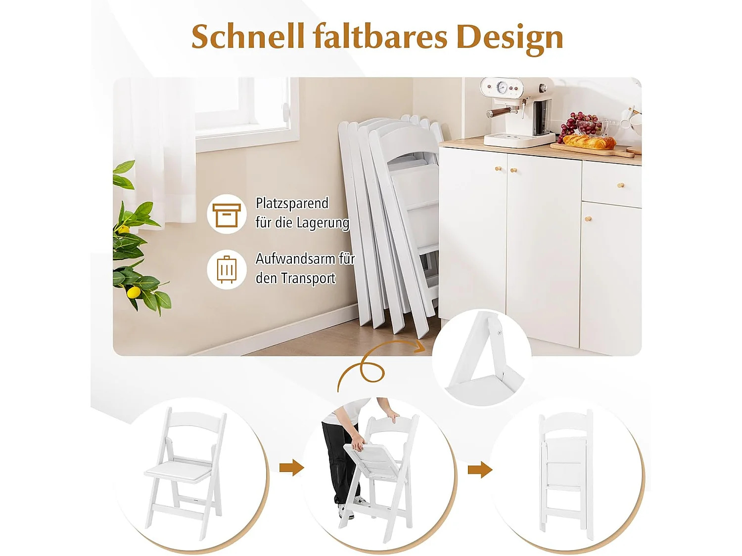 Set van 2 tuinstoelen van kunsthars, klapstoelen, belastbaar tot 500 kg, inklapbare terrasstoelen, balkonstoelen voor tuin,balkon, bruiloft, feest, wit ZB33133