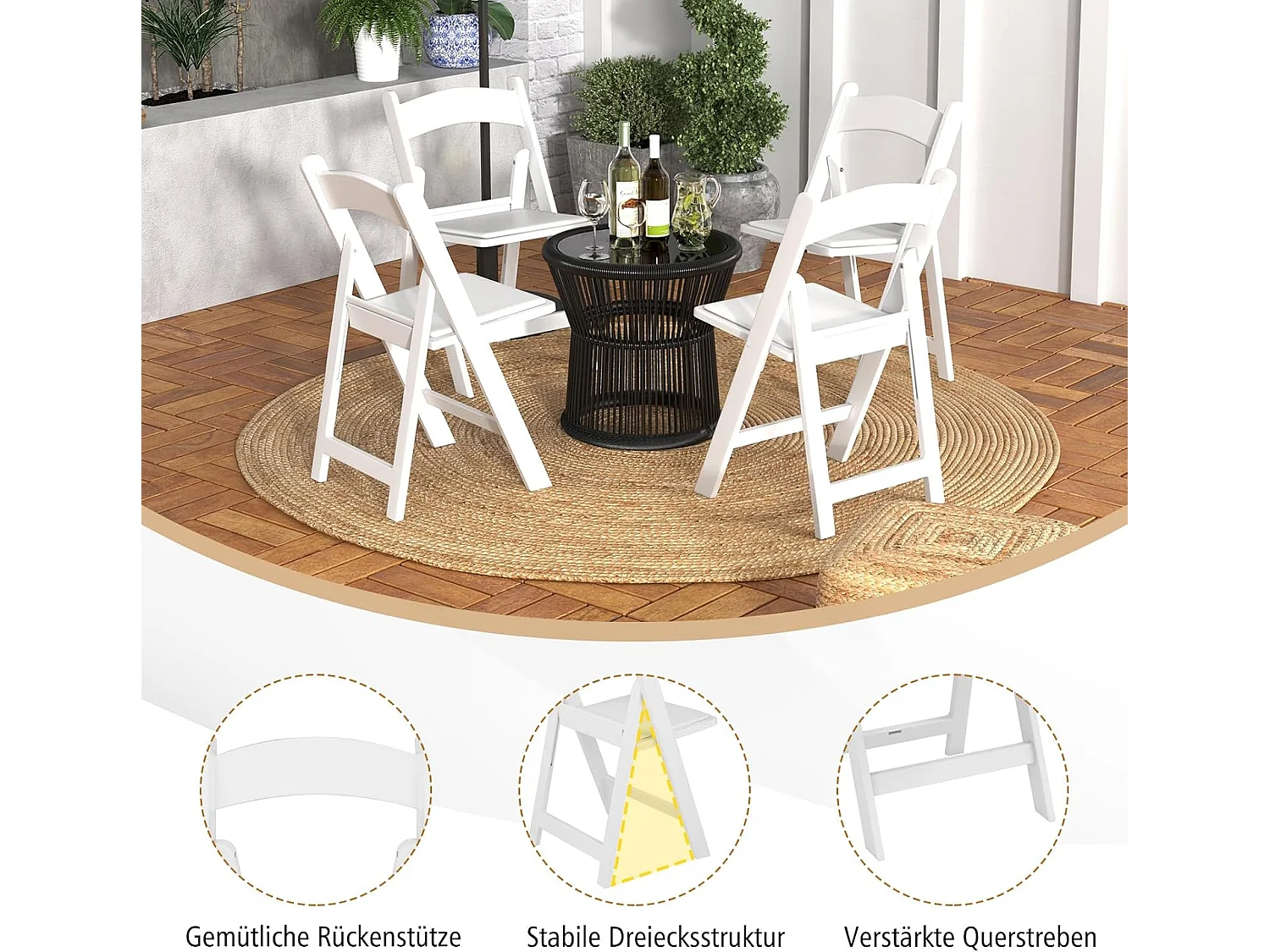 Set van 2 tuinstoelen van kunsthars, klapstoelen, belastbaar tot 500 kg, inklapbare terrasstoelen, balkonstoelen voor tuin,balkon, bruiloft, feest, wit ZB33133