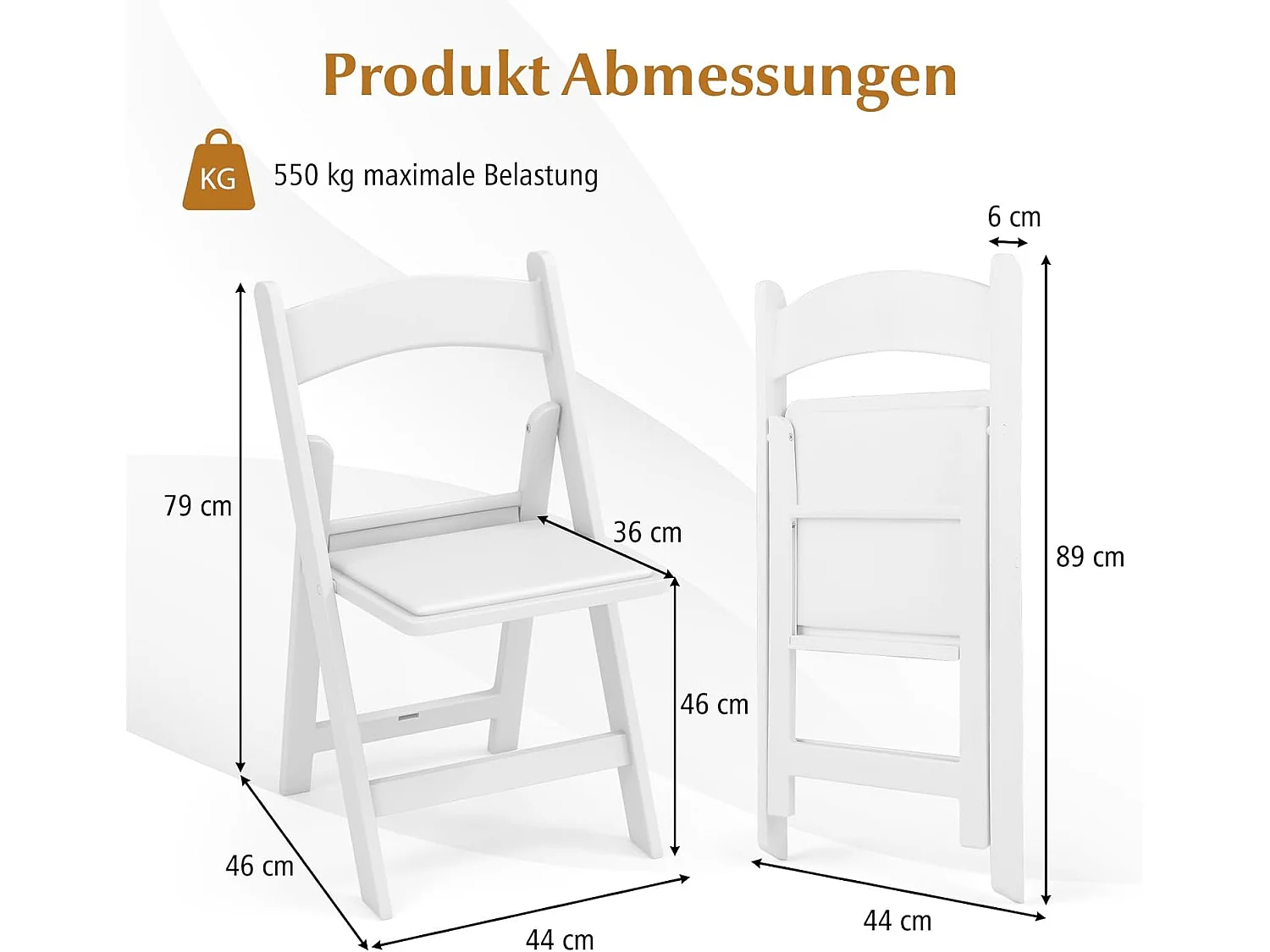 Set van 2 tuinstoelen van kunsthars, klapstoelen, belastbaar tot 500 kg, inklapbare terrasstoelen, balkonstoelen voor tuin,balkon, bruiloft, feest, wit ZB33133
