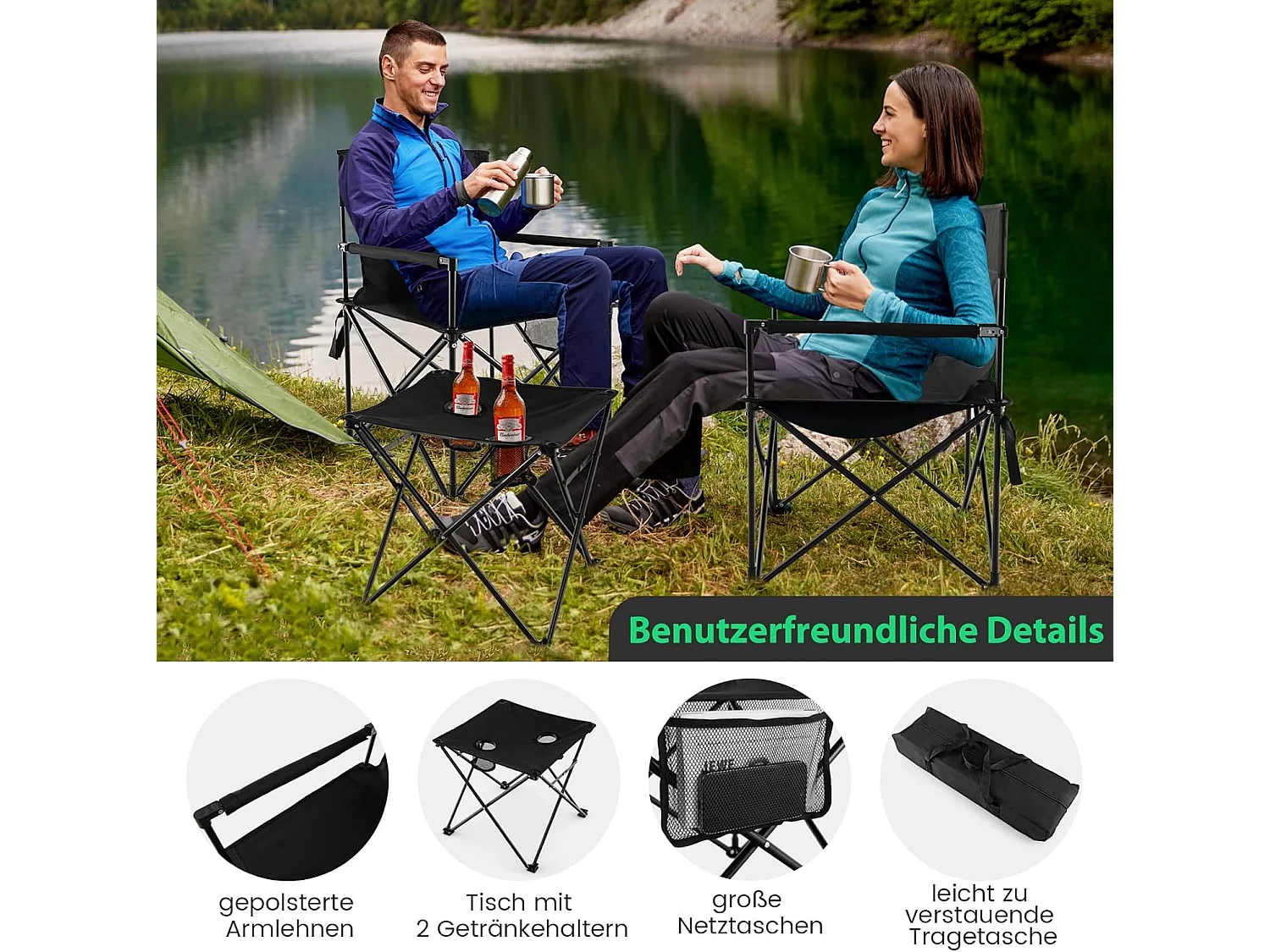 Extra grote campingstoelen, inklapbare visstoelen met opbergtas, bijzettafel met 2 bekerhouders,klapstoelen voor kamperen, vissen ZB33575
