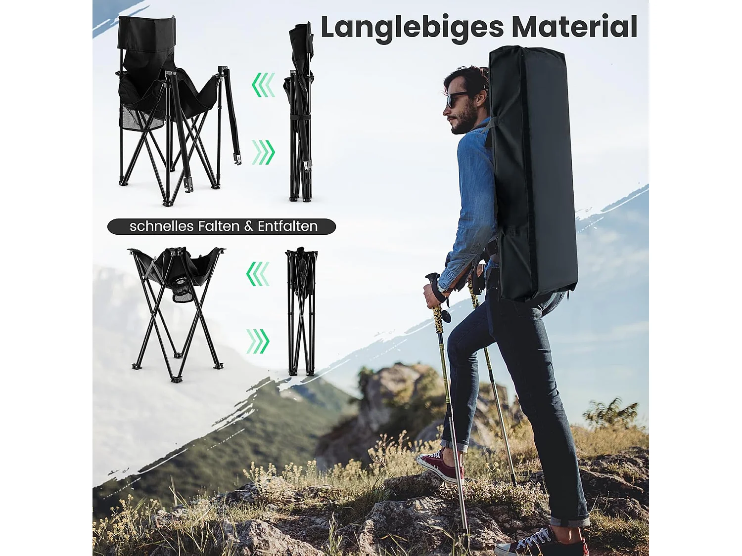 Extra grote campingstoelen, inklapbare visstoelen met opbergtas, bijzettafel met 2 bekerhouders,klapstoelen voor kamperen, vissen ZB33575