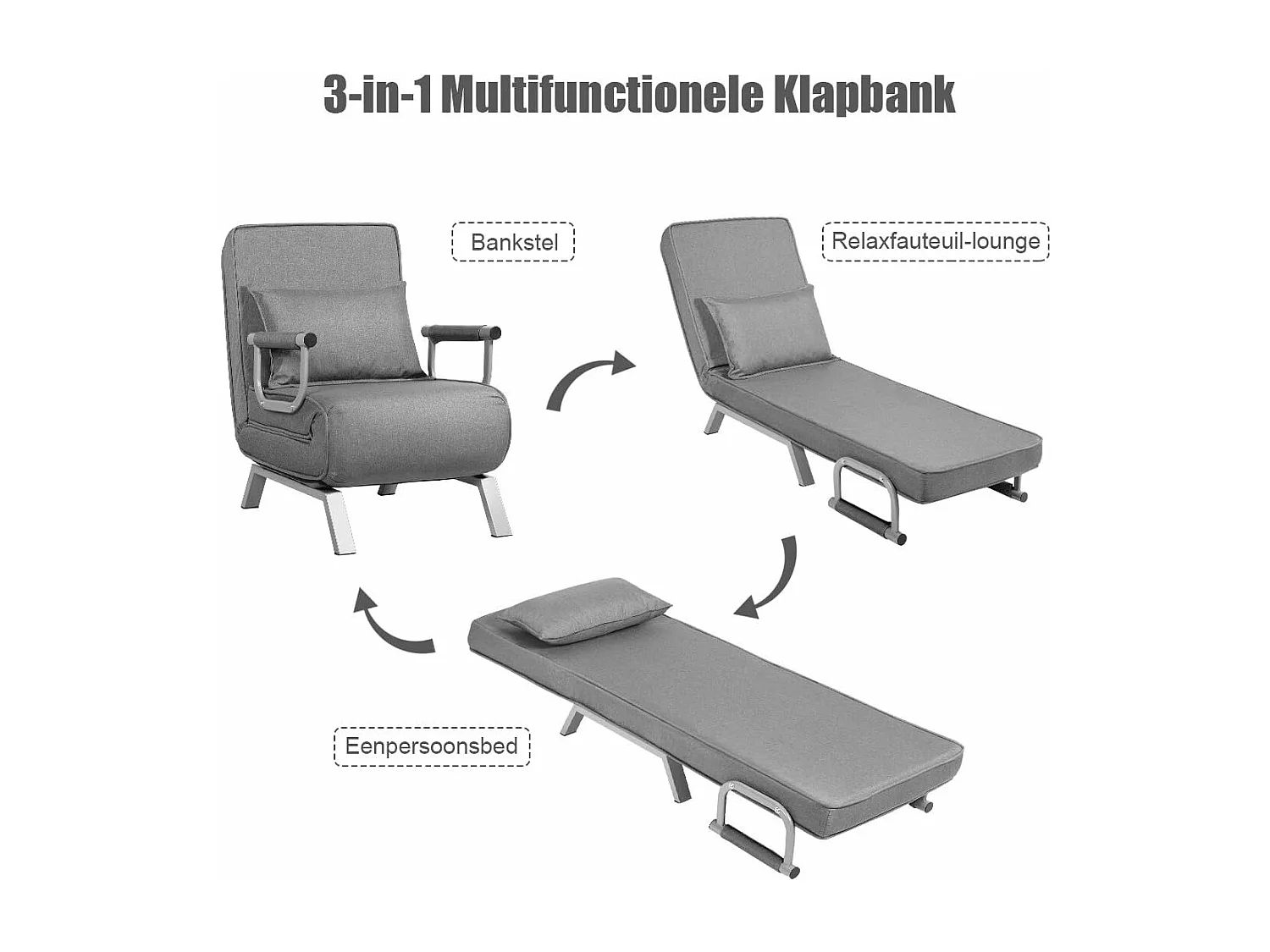 4-in-1 slaapstoel, inklapbaar, slaapbank met 5 standen, verstelbare rugleuning, bankbed met metalen frame, belastbaar tot 150 kg TH32639