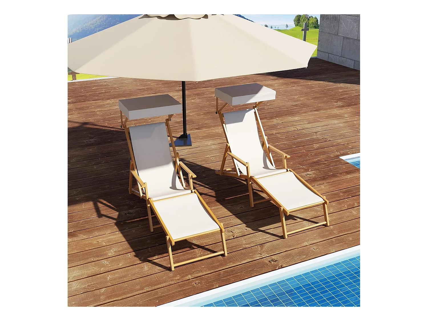 Zonneligstoel met dak, inklapbare ligstoel, houten ligstoel, terrasstoel, strandstoel met reserveonderdelen voor tuin, strand, zwembad ZB33019