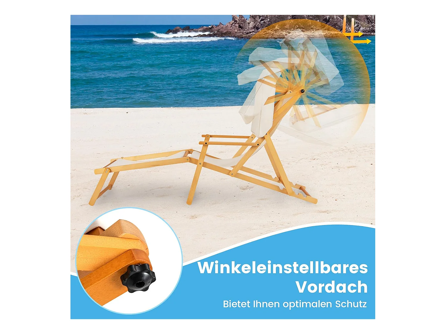 Zonneligstoel met dak, inklapbare ligstoel, houten ligstoel, terrasstoel, strandstoel met reserveonderdelen voor tuin, strand, zwembad ZB33019