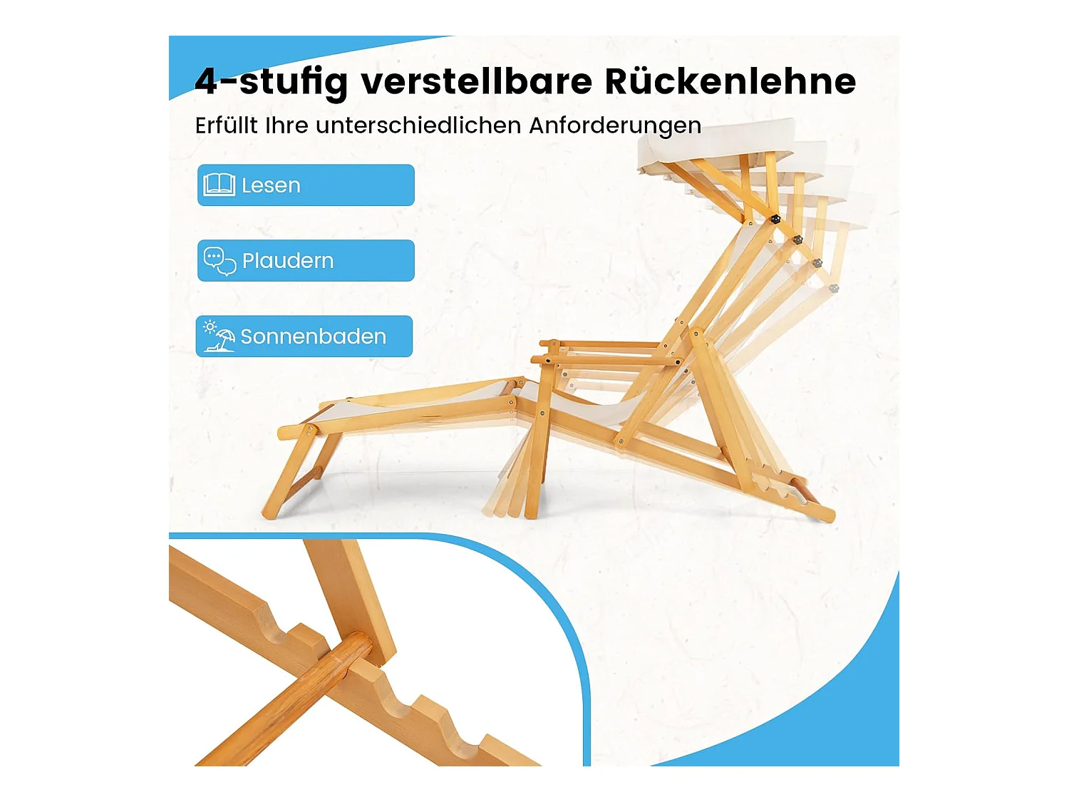 Zonneligstoel met dak, inklapbare ligstoel, houten ligstoel, terrasstoel, strandstoel met reserveonderdelen voor tuin, strand, zwembad ZB33019