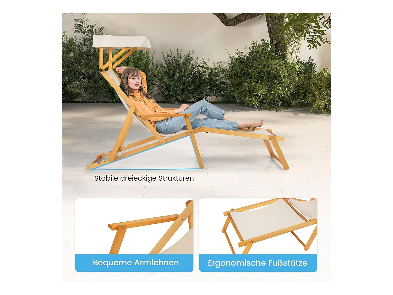 Zonneligstoel met dak, inklapbare ligstoel, houten ligstoel, terrasstoel, strandstoel met reserveonderdelen voor tuin, strand, zwembad ZB33019