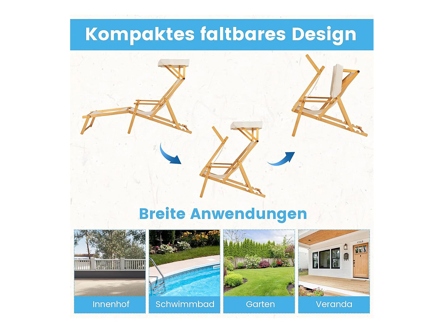 Zonneligstoel met dak, inklapbare ligstoel, houten ligstoel, terrasstoel, strandstoel met reserveonderdelen voor tuin, strand, zwembad ZB33019