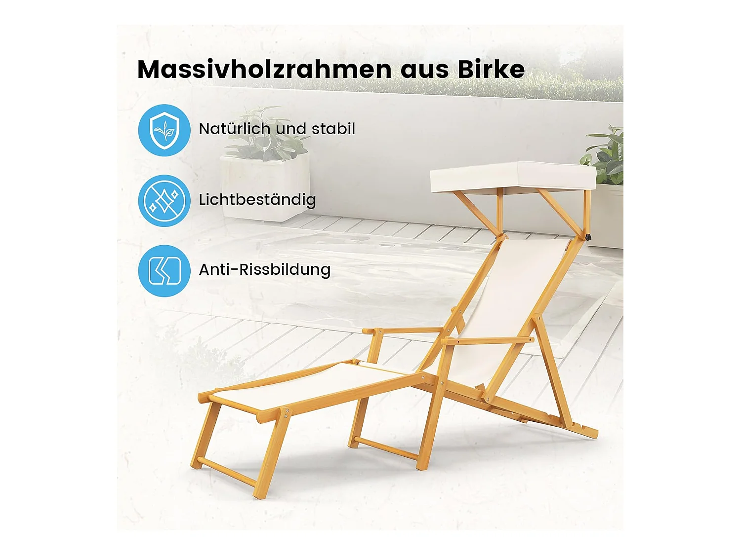 Zonneligstoel met dak, inklapbare ligstoel, houten ligstoel, terrasstoel, strandstoel met reserveonderdelen voor tuin, strand, zwembad ZB33019