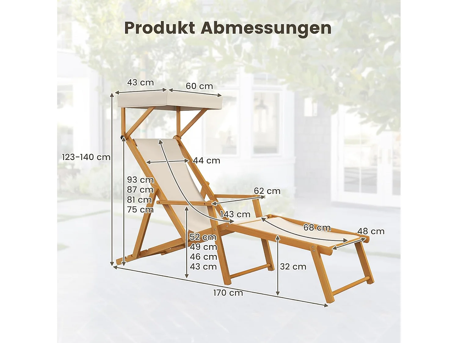 Zonneligstoel met dak, inklapbare ligstoel, houten ligstoel, terrasstoel, strandstoel met reserveonderdelen voor tuin, strand, zwembad ZB33019