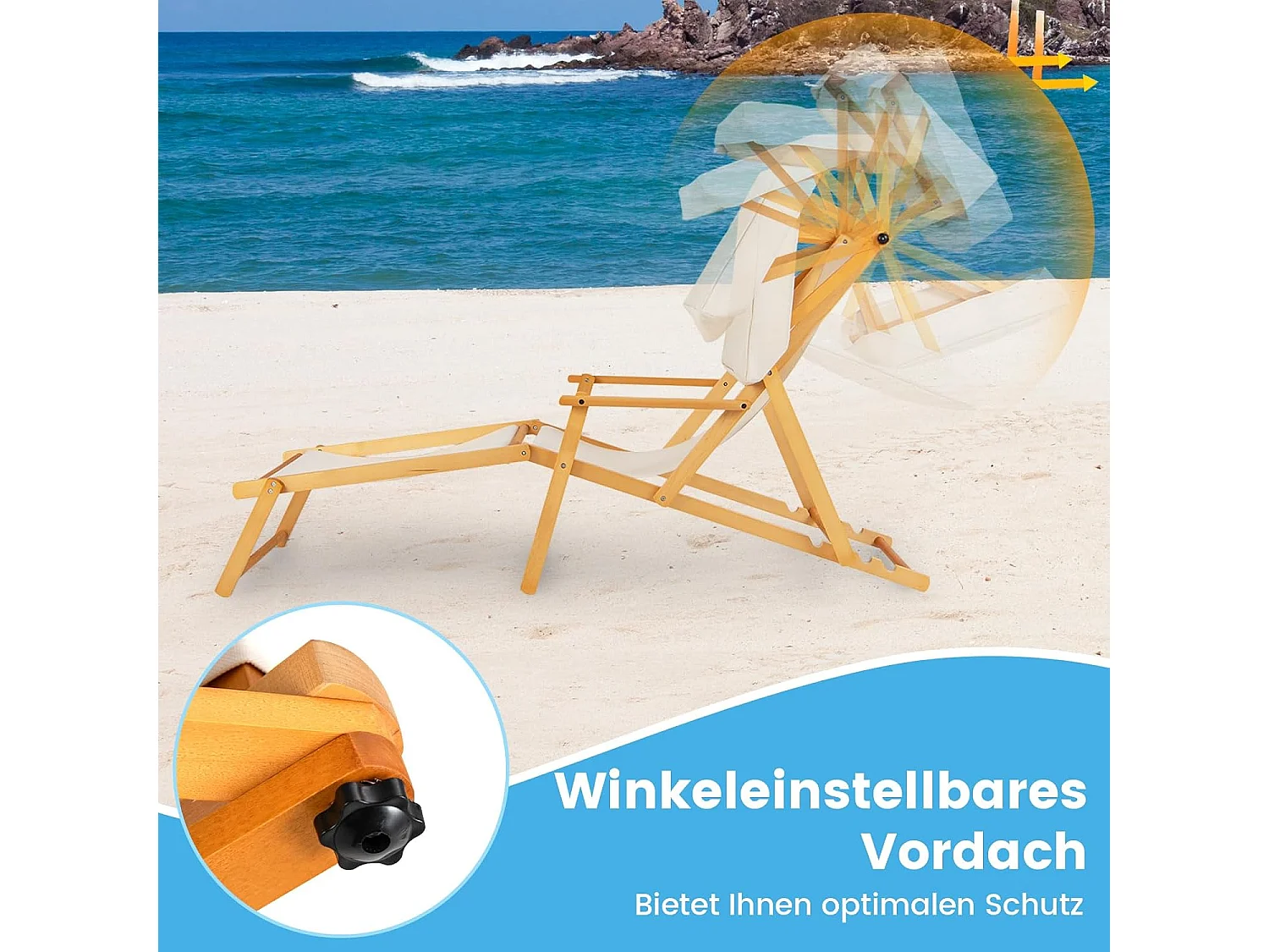Zonneligstoel met dak, inklapbare ligstoel, houten ligstoel, terrasstoel, strandstoel met reserveonderdelen voor tuin, strand, zwembad ZB33019