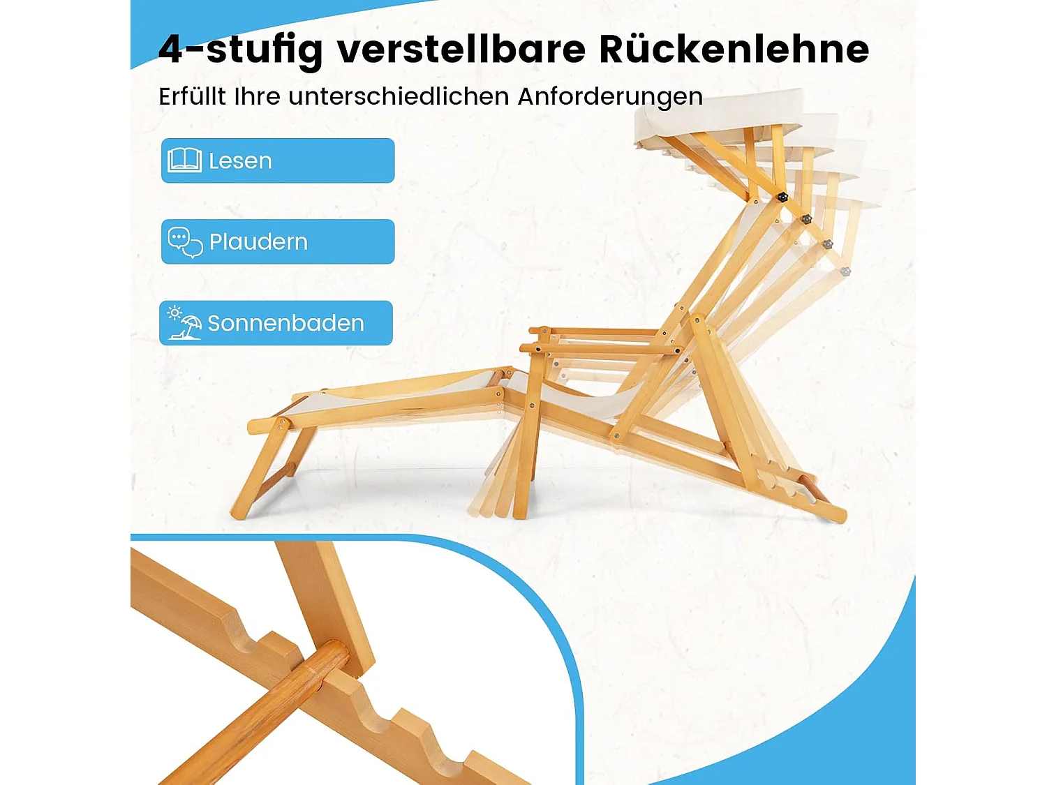 Zonneligstoel met dak, inklapbare ligstoel, houten ligstoel, terrasstoel, strandstoel met reserveonderdelen voor tuin, strand, zwembad ZB33019