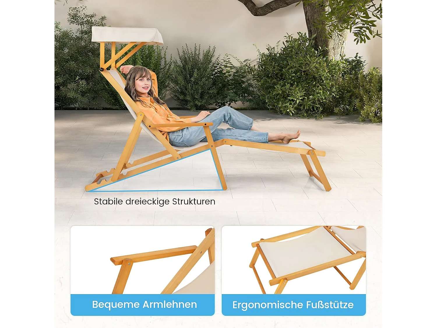 Zonneligstoel met dak, inklapbare ligstoel, houten ligstoel, terrasstoel, strandstoel met reserveonderdelen voor tuin, strand, zwembad ZB33019