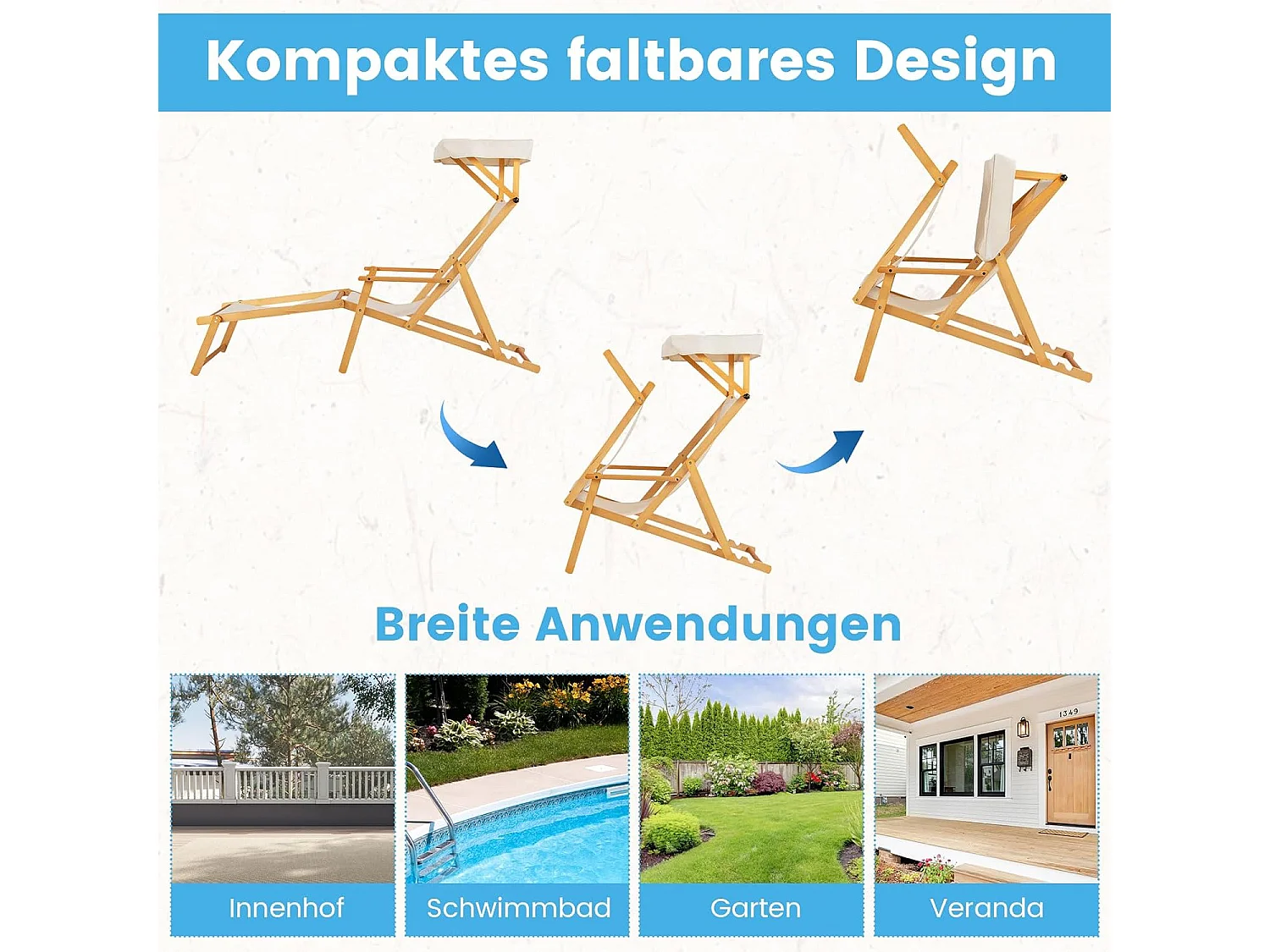 Zonneligstoel met dak, inklapbare ligstoel, houten ligstoel, terrasstoel, strandstoel met reserveonderdelen voor tuin, strand, zwembad ZB33019