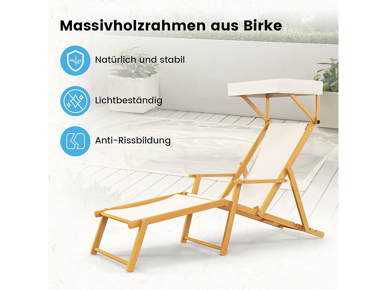 Zonneligstoel met dak, inklapbare ligstoel, houten ligstoel, terrasstoel, strandstoel met reserveonderdelen voor tuin, strand, zwembad ZB33019