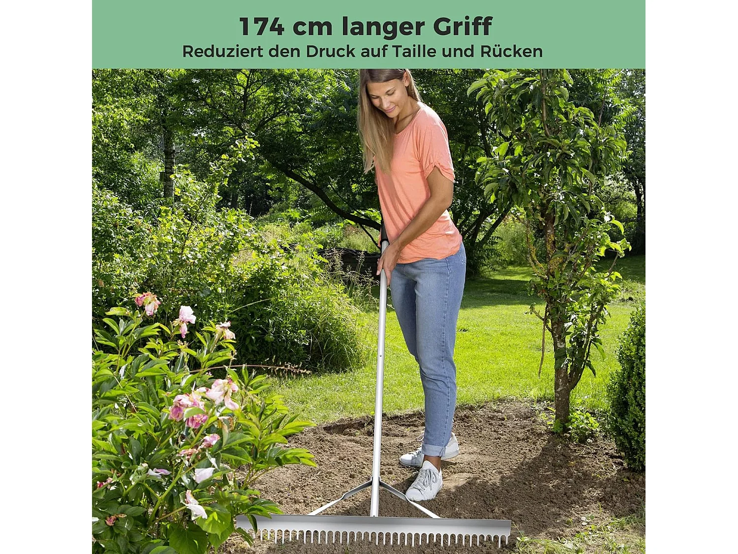 Hark, tuinhark van aluminium met 91 cm brede rekenkop, 36 tanden en 174 cm lange handgreep,bladhark voor het losmaken van de grond