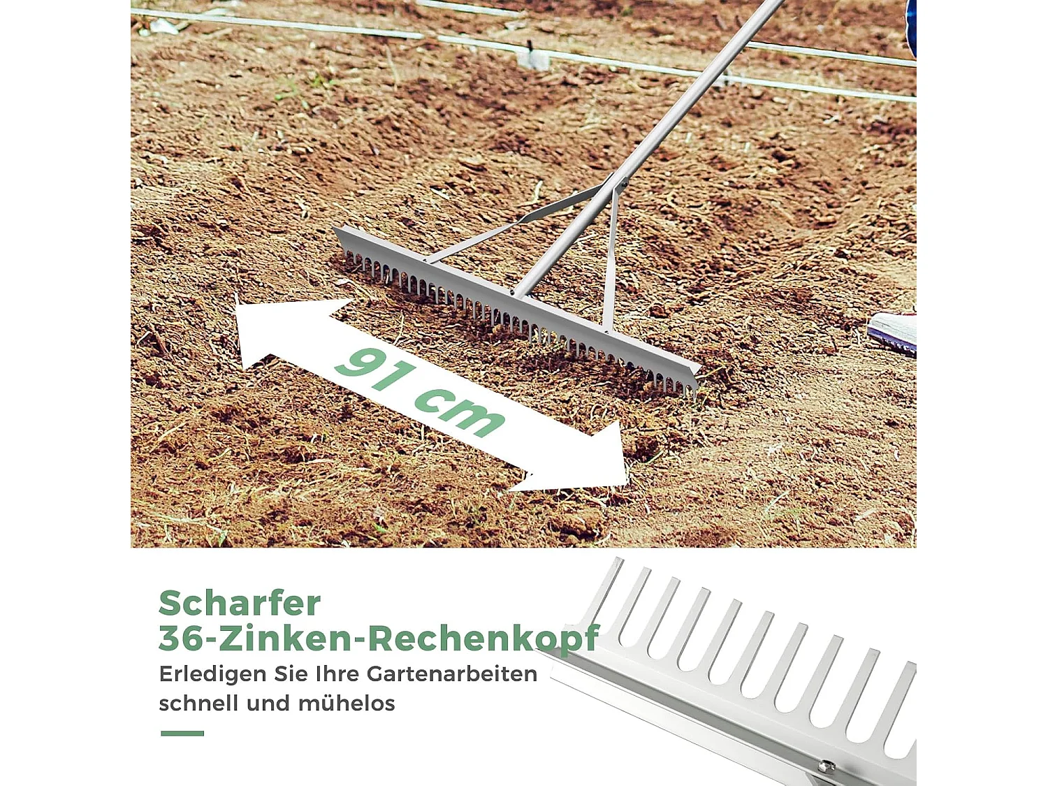 Hark, tuinhark van aluminium met 91 cm brede rekenkop, 36 tanden en 174 cm lange handgreep,bladhark voor het losmaken van de grond