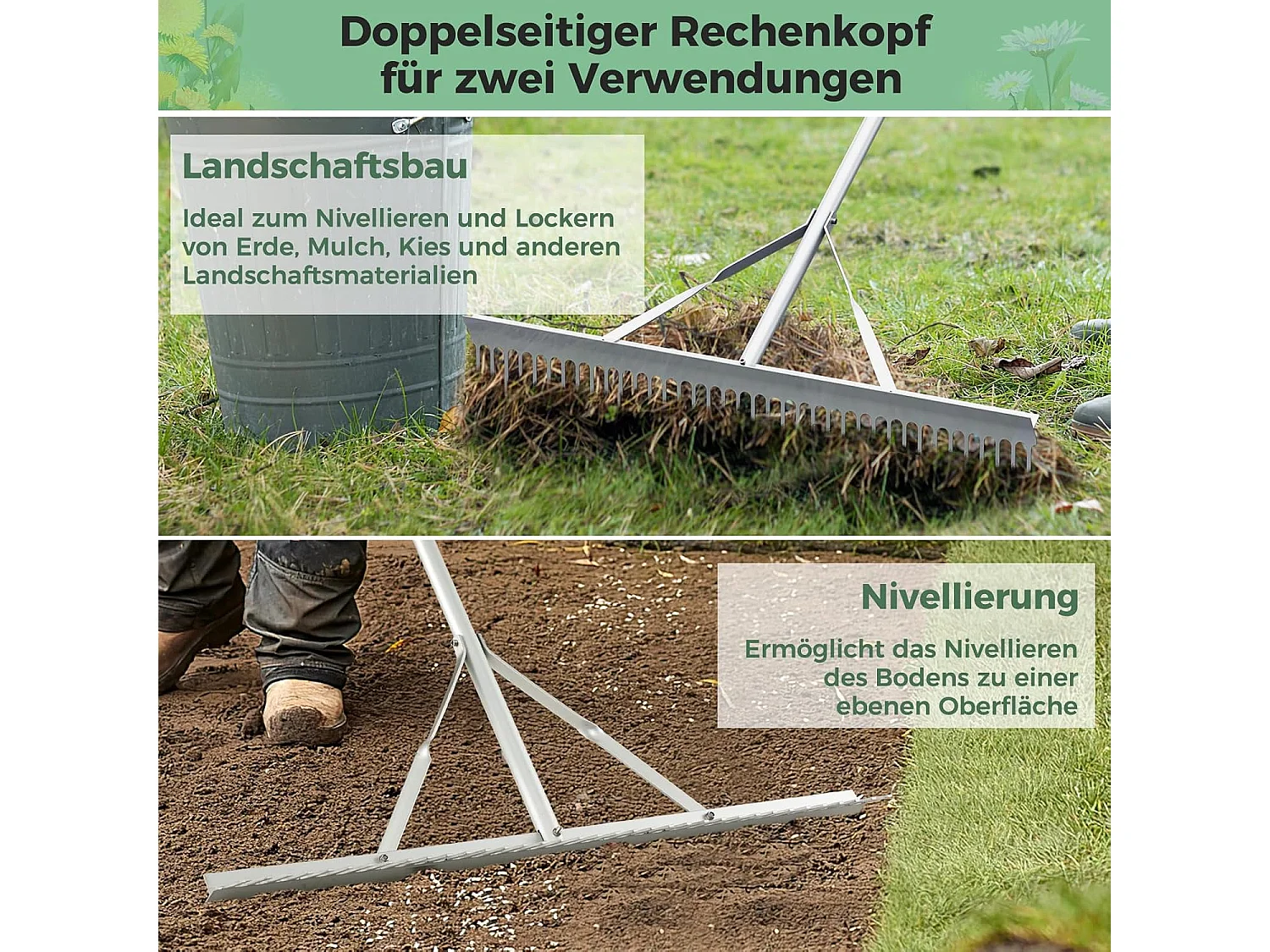Hark, tuinhark van aluminium met 91 cm brede rekenkop, 36 tanden en 174 cm lange handgreep,bladhark voor het losmaken van de grond