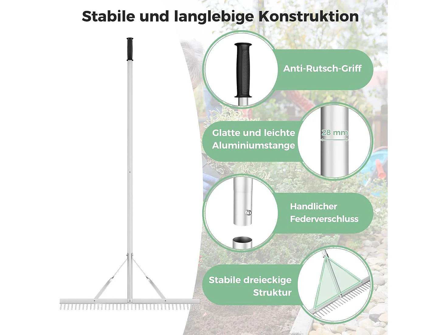 Hark, tuinhark van aluminium met 91 cm brede rekenkop, 36 tanden en 174 cm lange handgreep,bladhark voor het losmaken van de grond