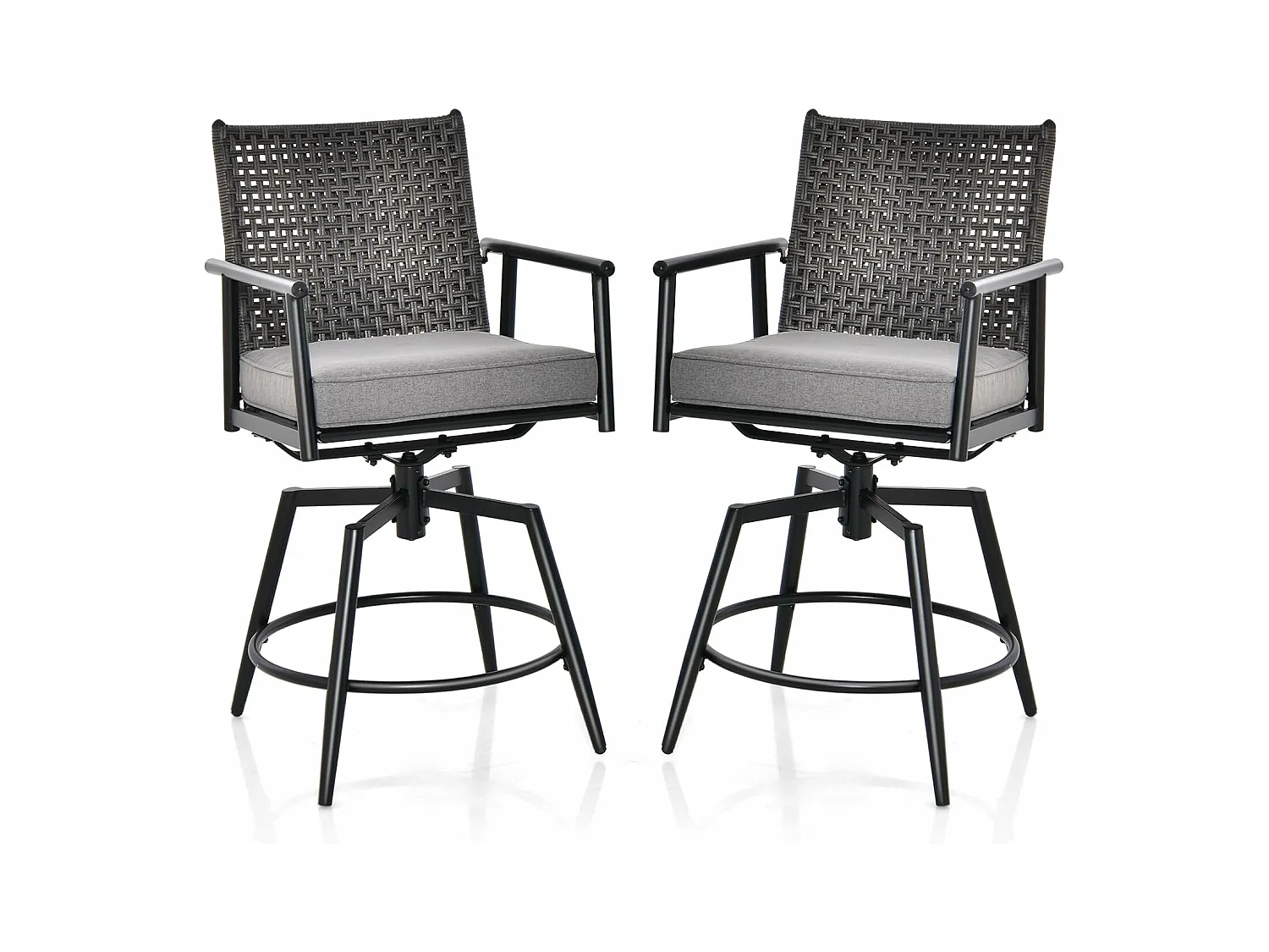 Set van 2 barkrukken, 360 graden draaibaar, tuinstoelen met 2-laagse PE-rotan rugleuning, afneembaar gevoerd kussen, barstoelen voor balkon, tuin en zwembad ZB33558