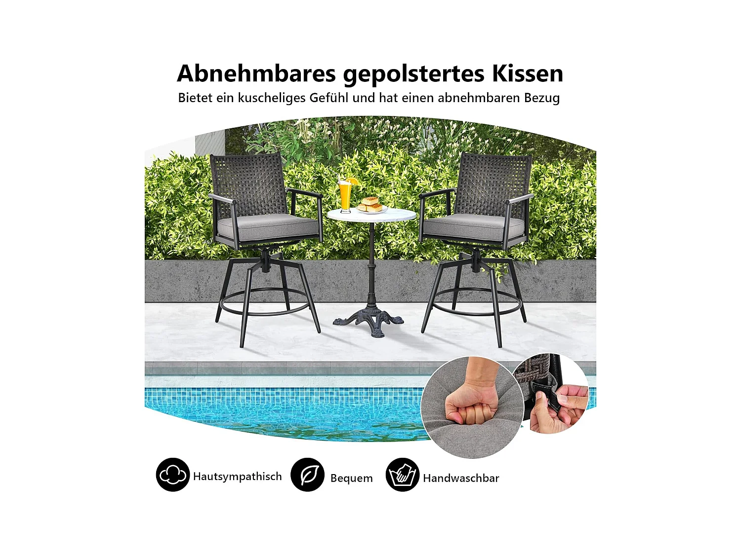 Set van 2 barkrukken, 360 graden draaibaar, tuinstoelen met 2-laagse PE-rotan rugleuning, afneembaar gevoerd kussen, barstoelen voor balkon, tuin en zwembad ZB33558