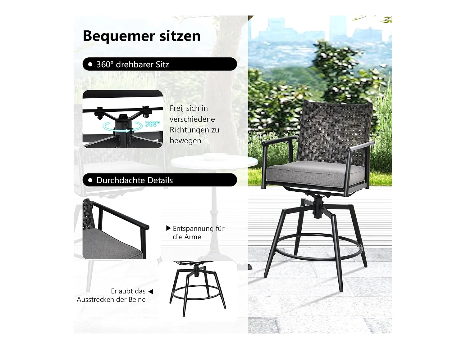 Set van 2 barkrukken, 360 graden draaibaar, tuinstoelen met 2-laagse PE-rotan rugleuning, afneembaar gevoerd kussen, barstoelen voor balkon, tuin en zwembad ZB33558