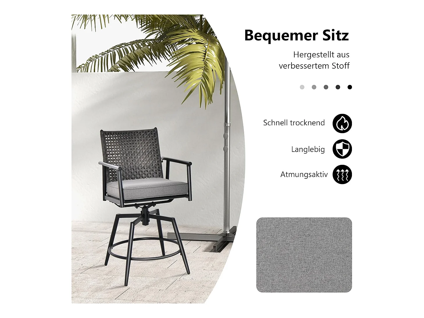 Set van 2 barkrukken, 360 graden draaibaar, tuinstoelen met 2-laagse PE-rotan rugleuning, afneembaar gevoerd kussen, barstoelen voor balkon, tuin en zwembad ZB33558