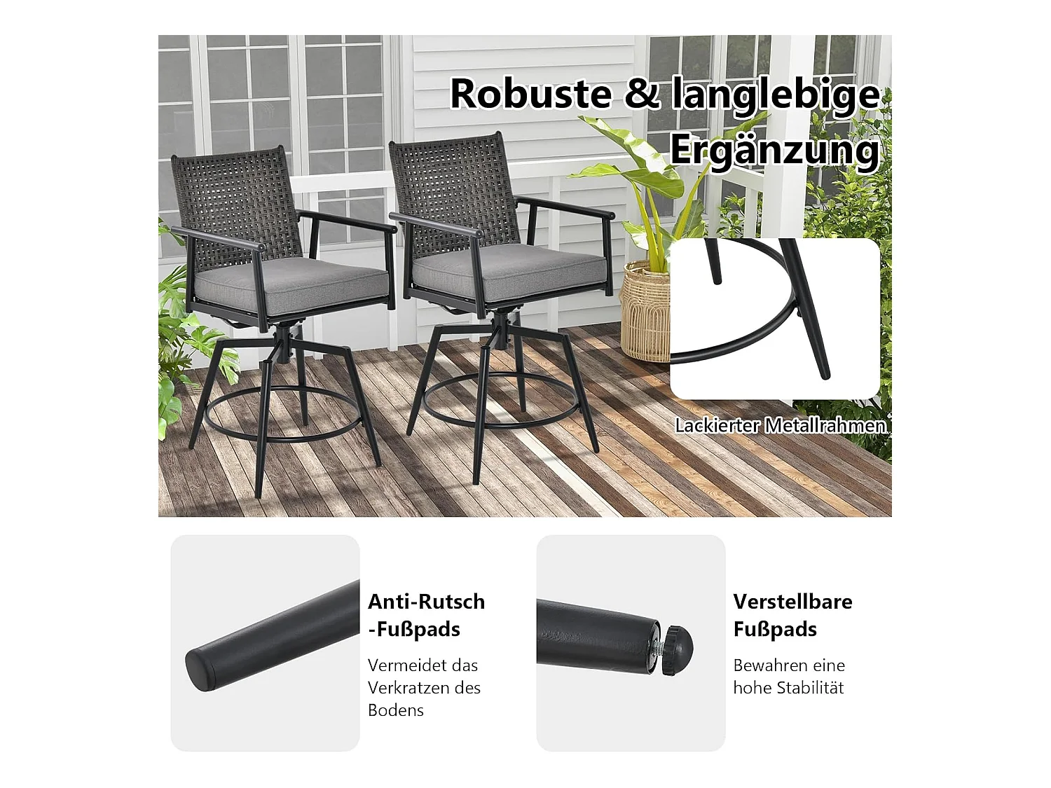 Set van 2 barkrukken, 360 graden draaibaar, tuinstoelen met 2-laagse PE-rotan rugleuning, afneembaar gevoerd kussen, barstoelen voor balkon, tuin en zwembad ZB33558