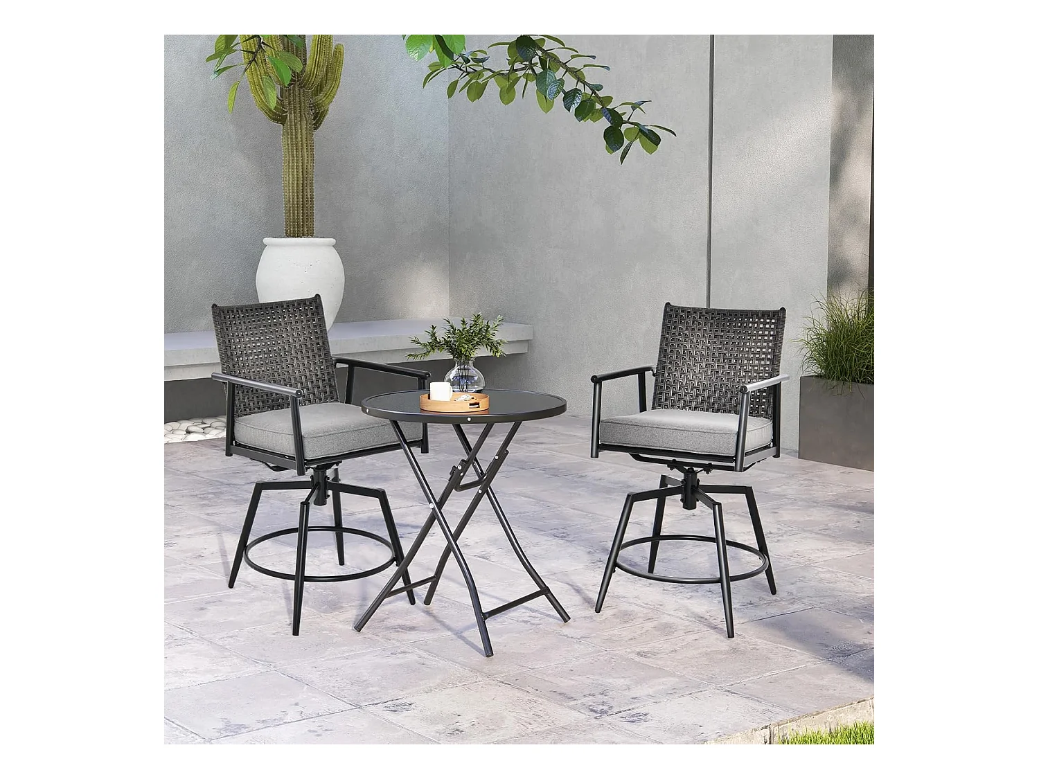 Set van 2 barkrukken, 360 graden draaibaar, tuinstoelen met 2-laagse PE-rotan rugleuning, afneembaar gevoerd kussen, barstoelen voor balkon, tuin en zwembad ZB33558