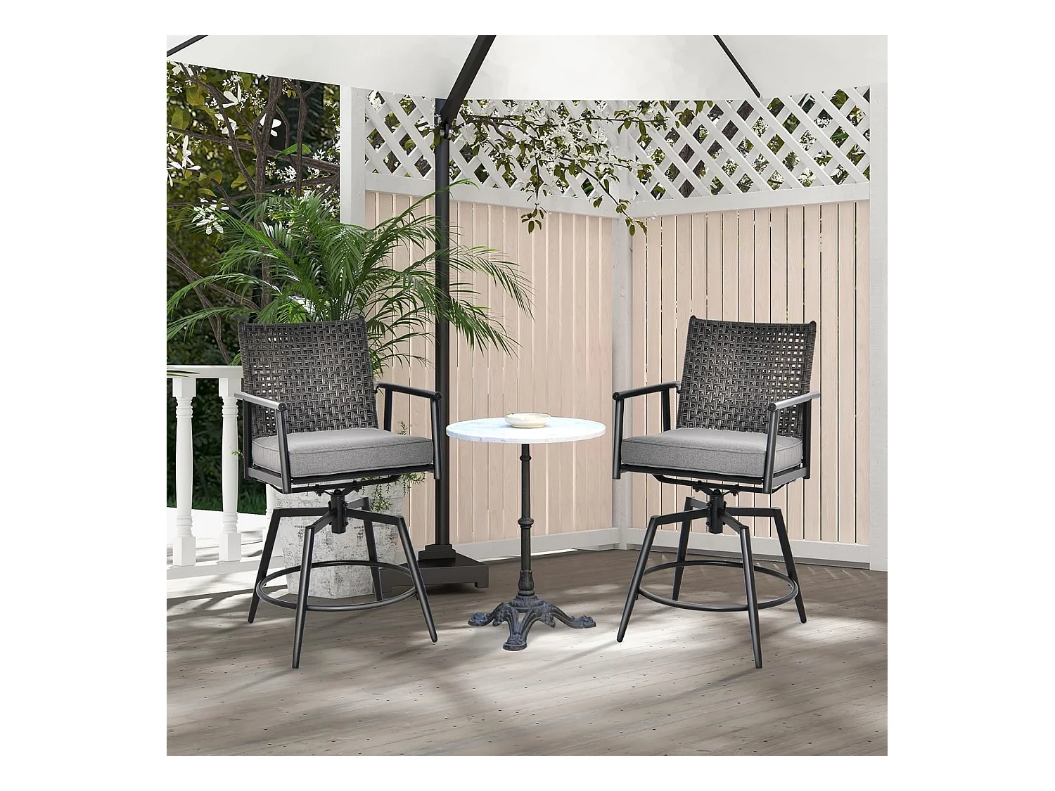 Set van 2 barkrukken, 360 graden draaibaar, tuinstoelen met 2-laagse PE-rotan rugleuning, afneembaar gevoerd kussen, barstoelen voor balkon, tuin en zwembad ZB33558