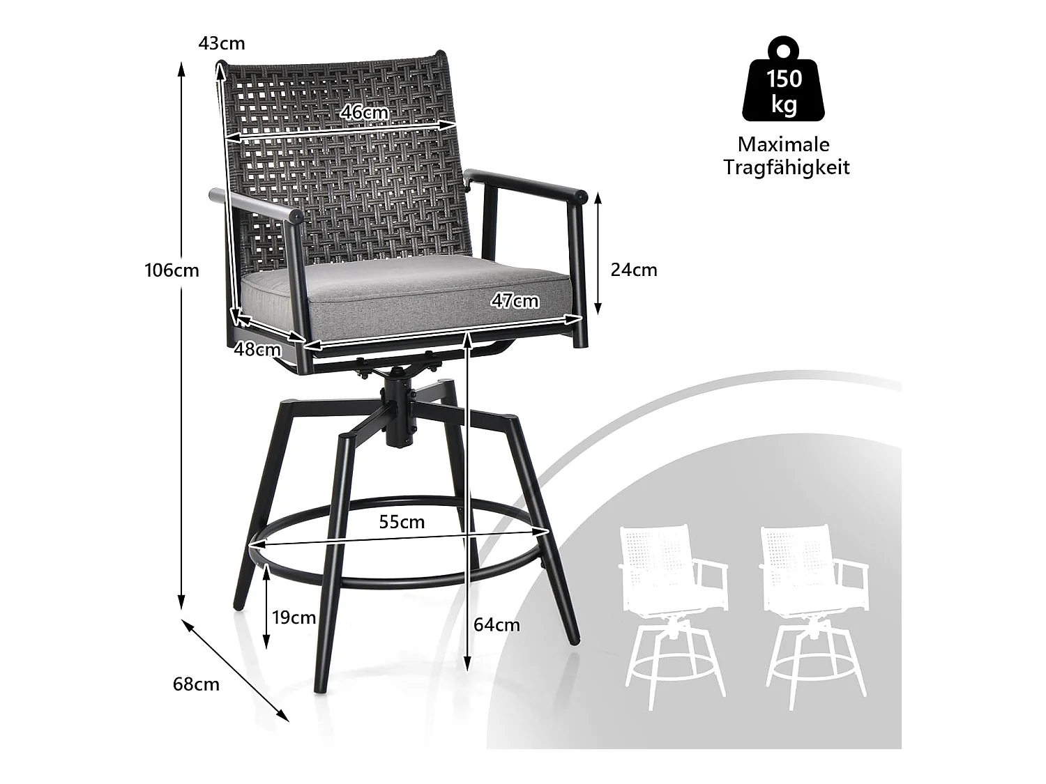 Set van 2 barkrukken, 360 graden draaibaar, tuinstoelen met 2-laagse PE-rotan rugleuning, afneembaar gevoerd kussen, barstoelen voor balkon, tuin en zwembad ZB33558