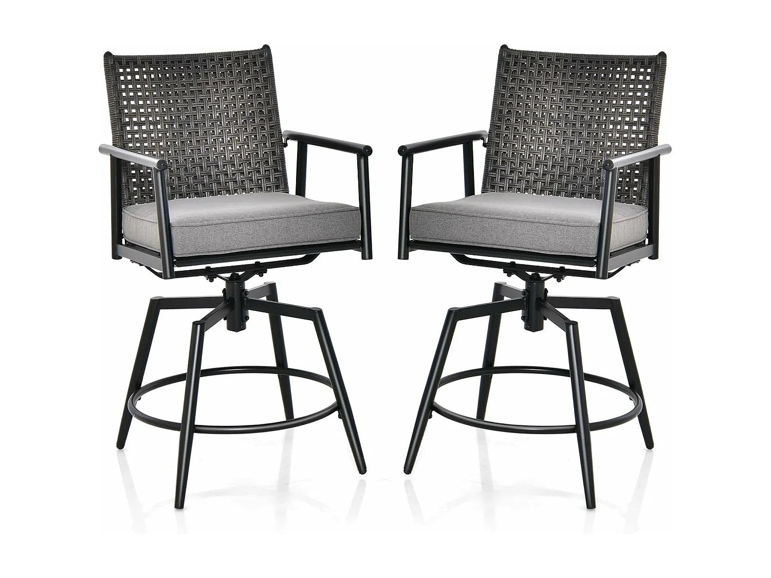 Set van 2 barkrukken, 360 graden draaibaar, tuinstoelen met 2-laagse PE-rotan rugleuning, afneembaar gevoerd kussen, barstoelen voor balkon, tuin en zwembad ZB33558