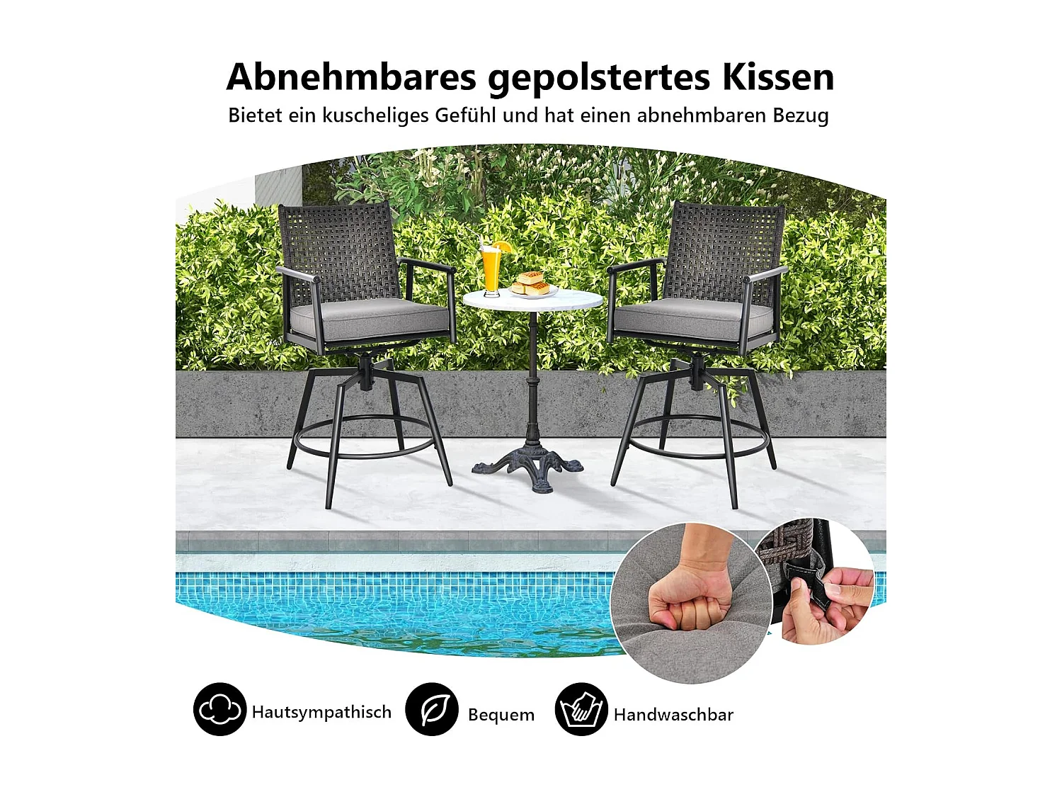 Set van 2 barkrukken, 360 graden draaibaar, tuinstoelen met 2-laagse PE-rotan rugleuning, afneembaar gevoerd kussen, barstoelen voor balkon, tuin en zwembad ZB33558