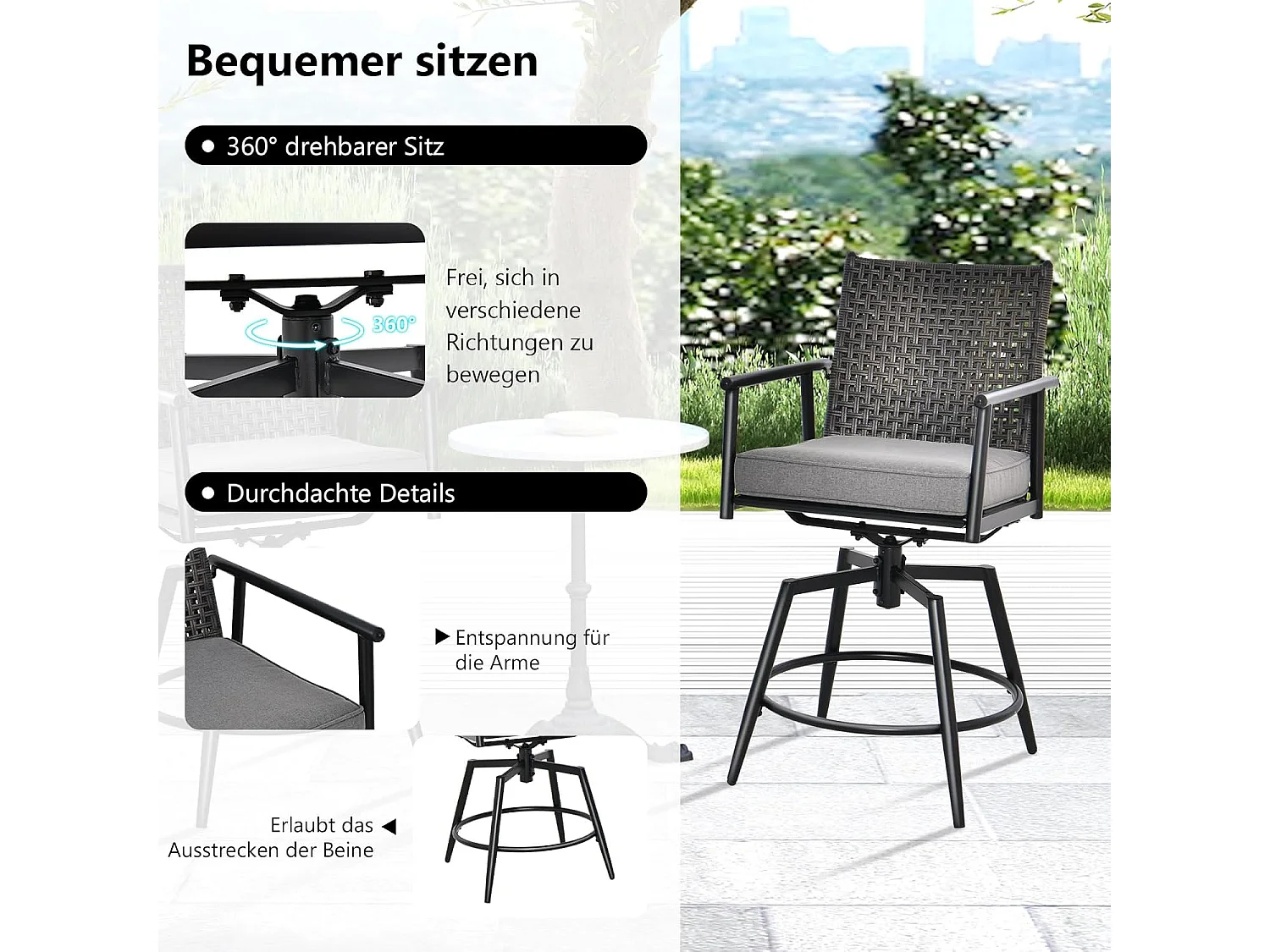 Set van 2 barkrukken, 360 graden draaibaar, tuinstoelen met 2-laagse PE-rotan rugleuning, afneembaar gevoerd kussen, barstoelen voor balkon, tuin en zwembad ZB33558