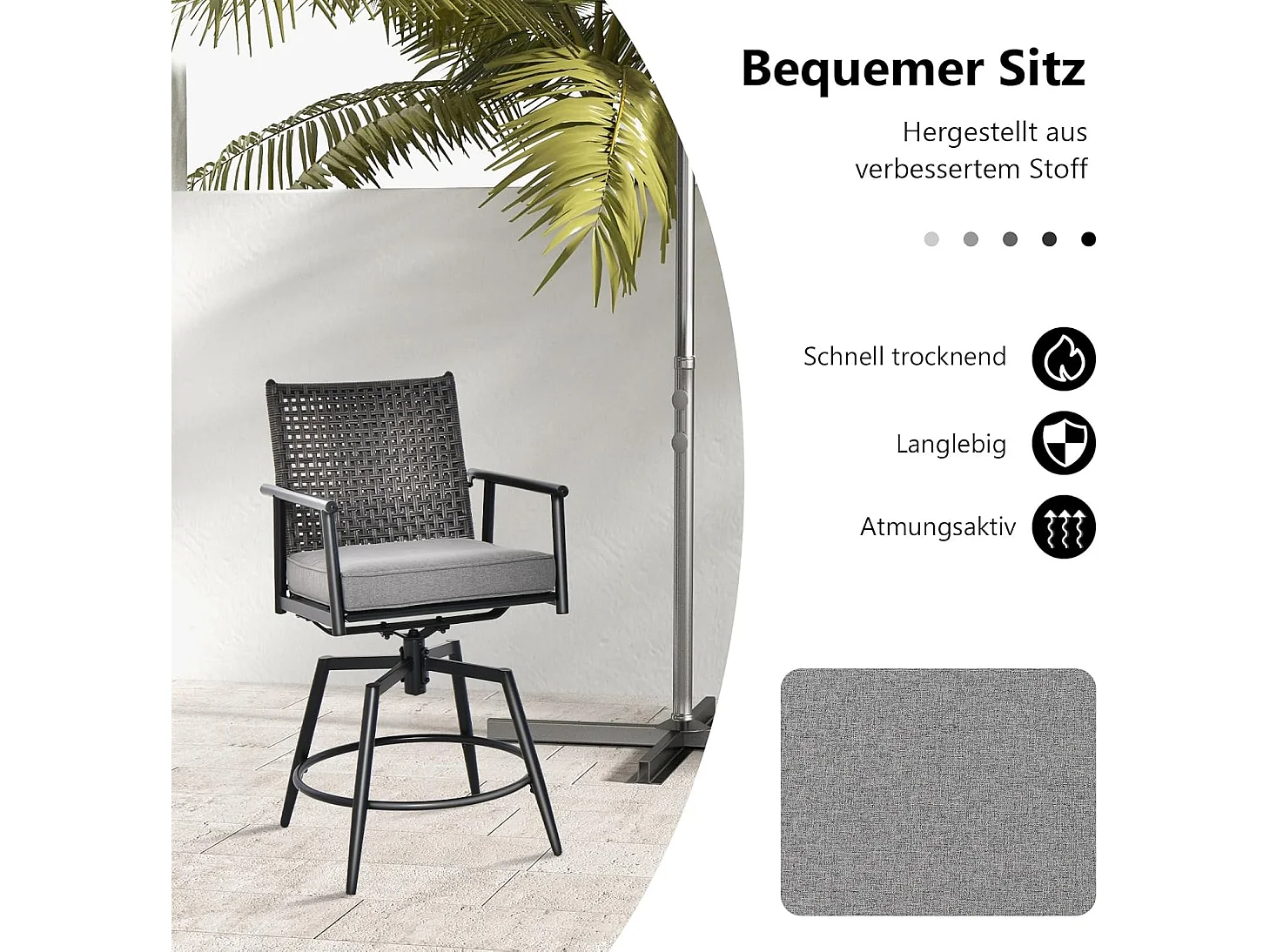 Set van 2 barkrukken, 360 graden draaibaar, tuinstoelen met 2-laagse PE-rotan rugleuning, afneembaar gevoerd kussen, barstoelen voor balkon, tuin en zwembad ZB33558