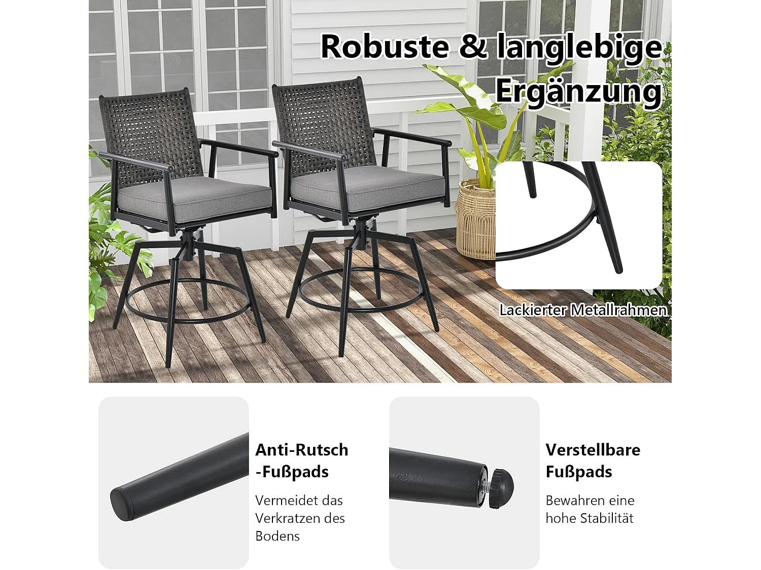 Set van 2 barkrukken, 360 graden draaibaar, tuinstoelen met 2-laagse PE-rotan rugleuning, afneembaar gevoerd kussen, barstoelen voor balkon, tuin en zwembad ZB33558