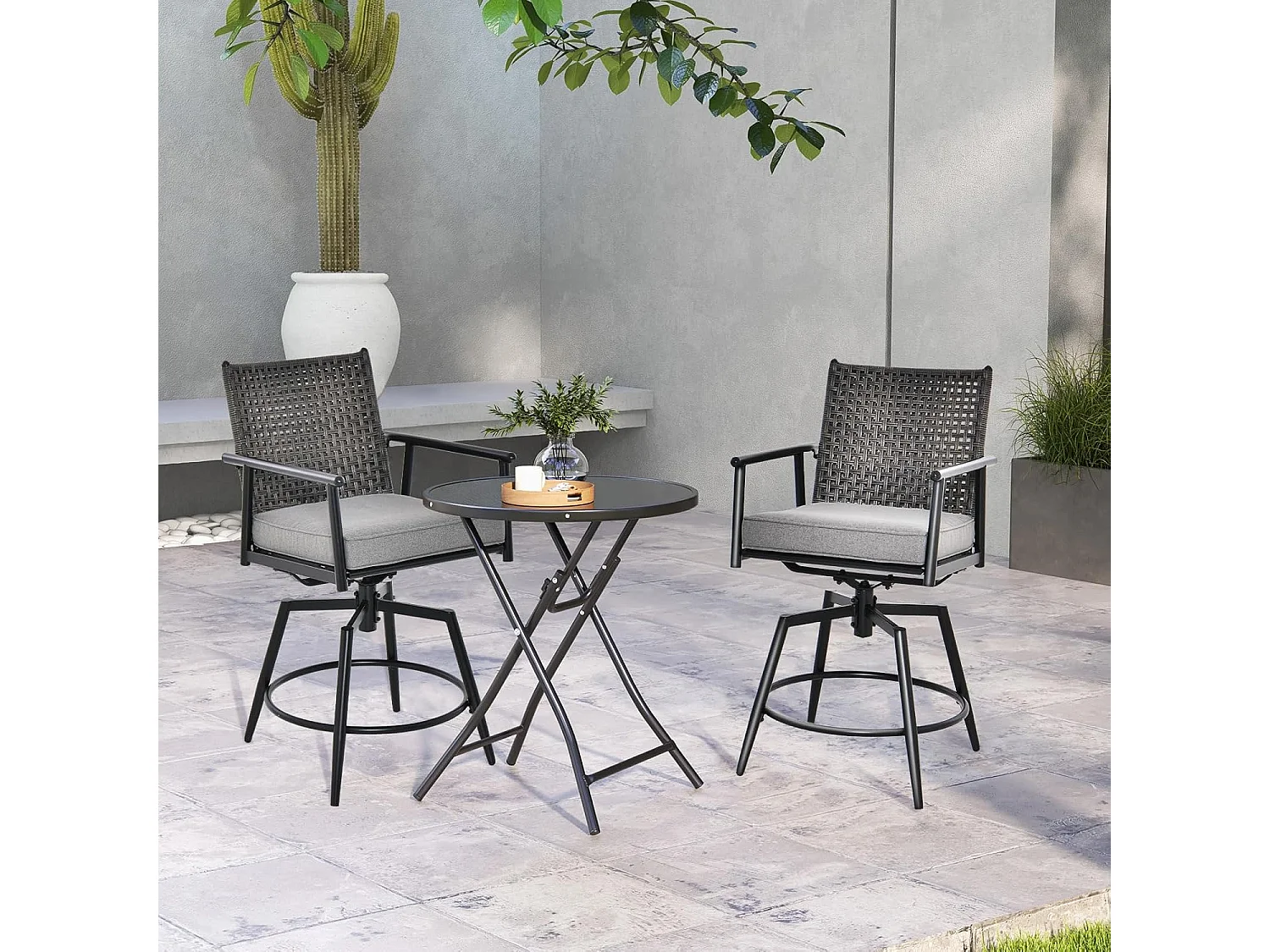 Set van 2 barkrukken, 360 graden draaibaar, tuinstoelen met 2-laagse PE-rotan rugleuning, afneembaar gevoerd kussen, barstoelen voor balkon, tuin en zwembad ZB33558