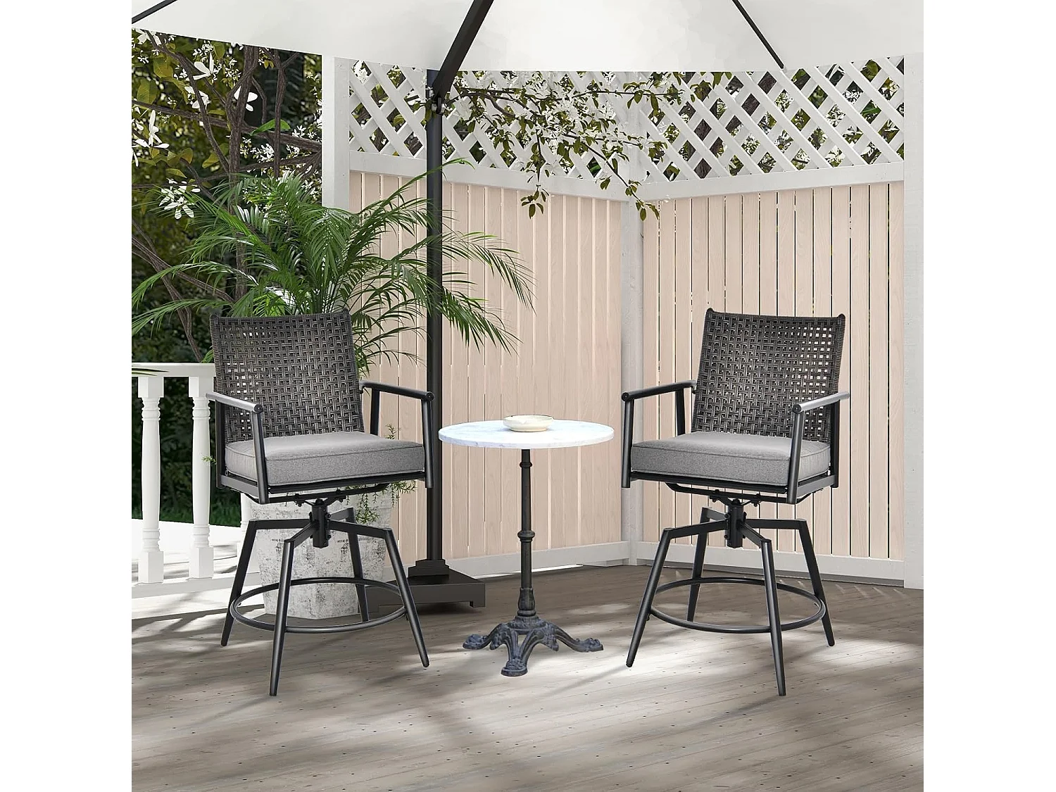 Set van 2 barkrukken, 360 graden draaibaar, tuinstoelen met 2-laagse PE-rotan rugleuning, afneembaar gevoerd kussen, barstoelen voor balkon, tuin en zwembad ZB33558