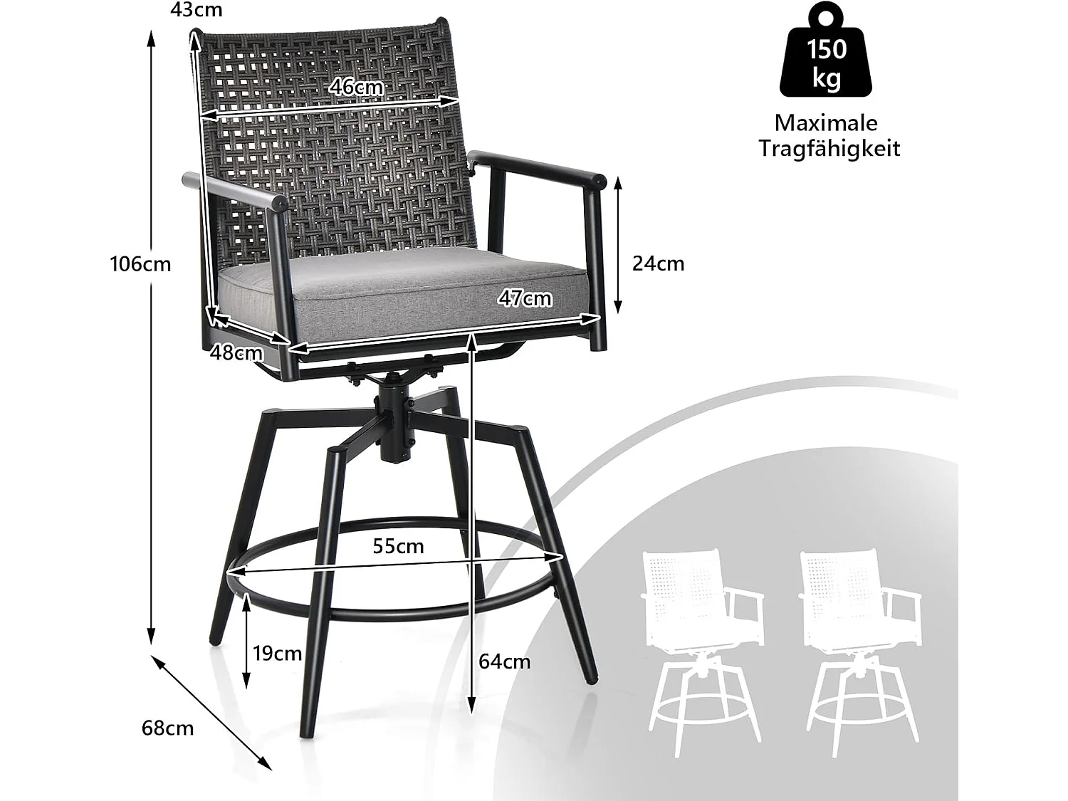 Set van 2 barkrukken, 360 graden draaibaar, tuinstoelen met 2-laagse PE-rotan rugleuning, afneembaar gevoerd kussen, barstoelen voor balkon, tuin en zwembad ZB33558