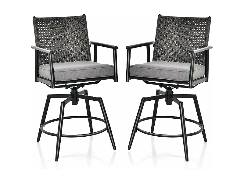 Set van 2 barkrukken, 360 graden draaibaar, tuinstoelen met 2-laagse PE-rotan rugleuning, afneembaar gevoerd kussen, barstoelen voor balkon, tuin en zwembad ZB33558