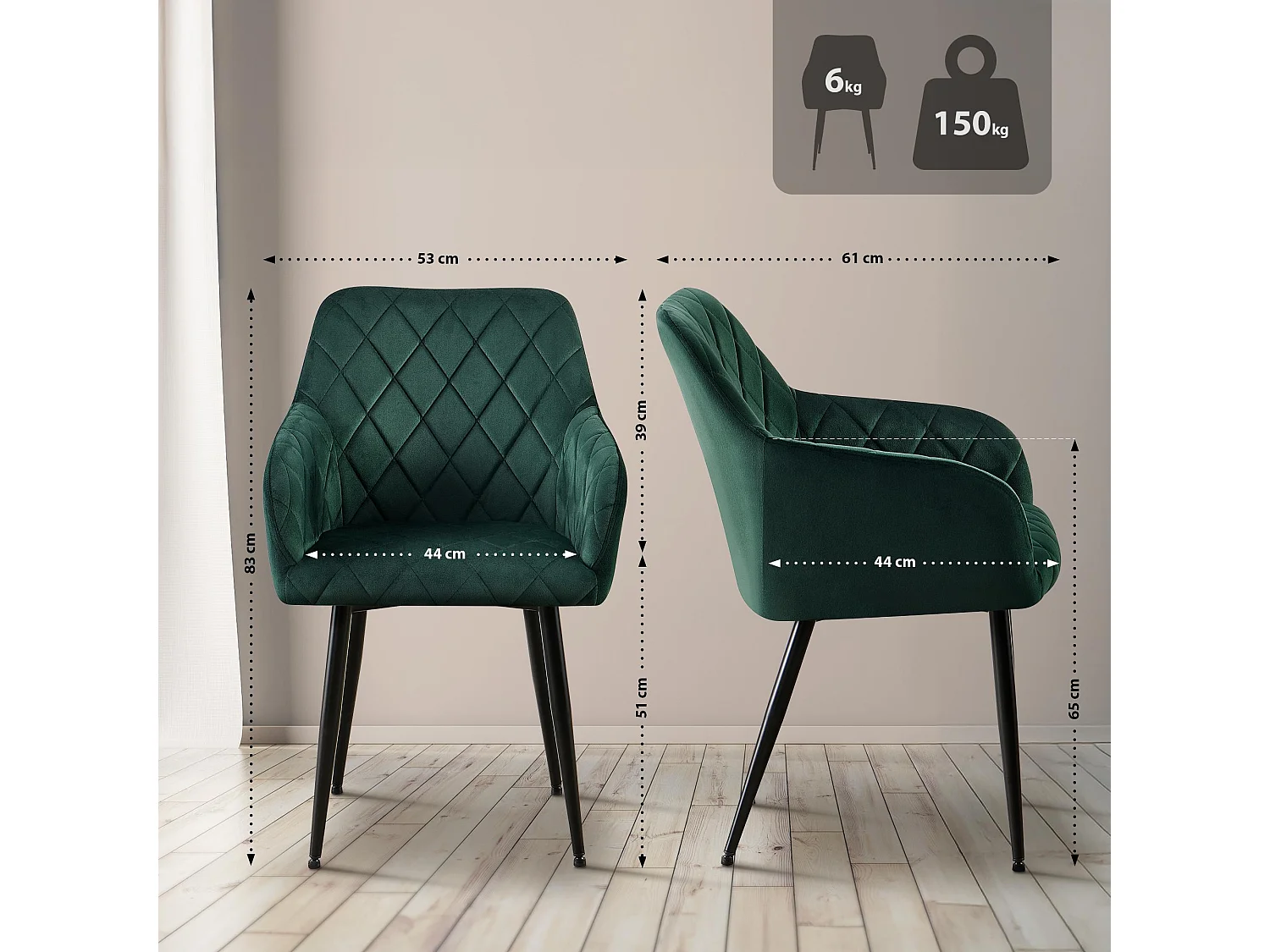 Lot de 2  chaises avec accoudoirs - Velours - Vert - Monett