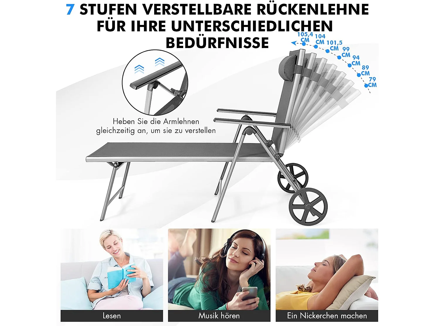 Zonneligstoel van aluminium met wieltjes, inklapbare ligstoel met 7-voudig verstelbare rugleuning, ligstoel, klapstoel voor tuin, balkon, terras