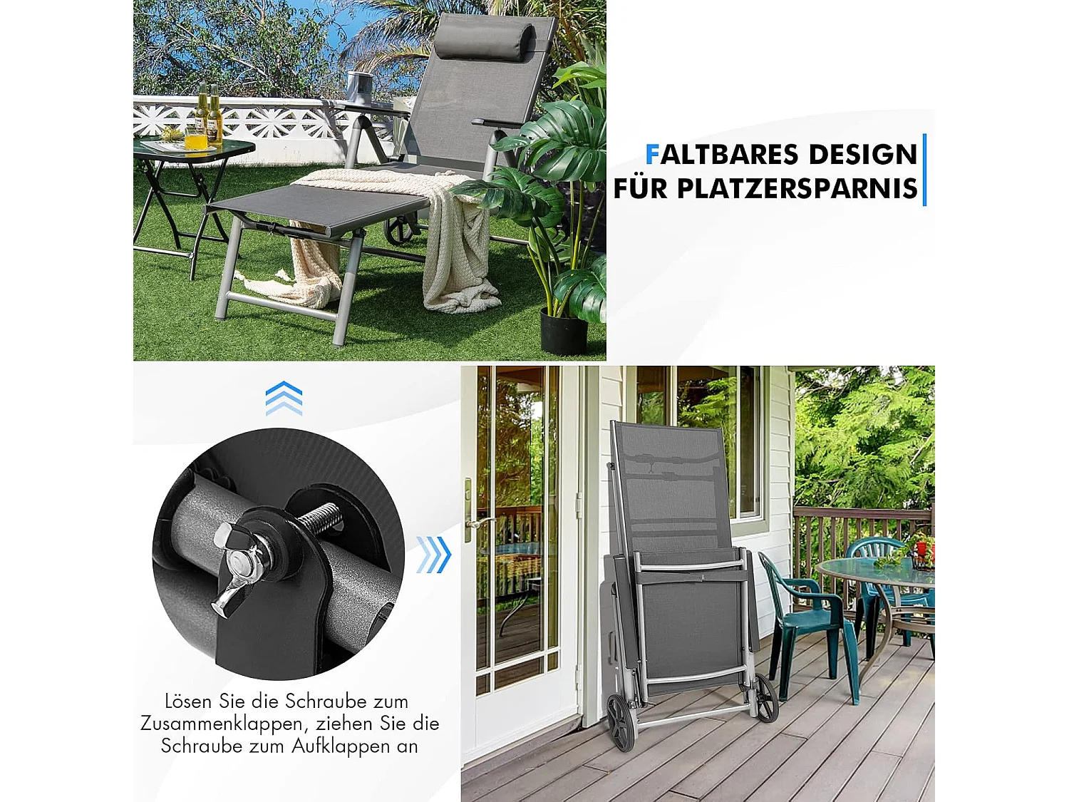 Zonneligstoel van aluminium met wieltjes, inklapbare ligstoel met 7-voudig verstelbare rugleuning, ligstoel, klapstoel voor tuin, balkon, terras