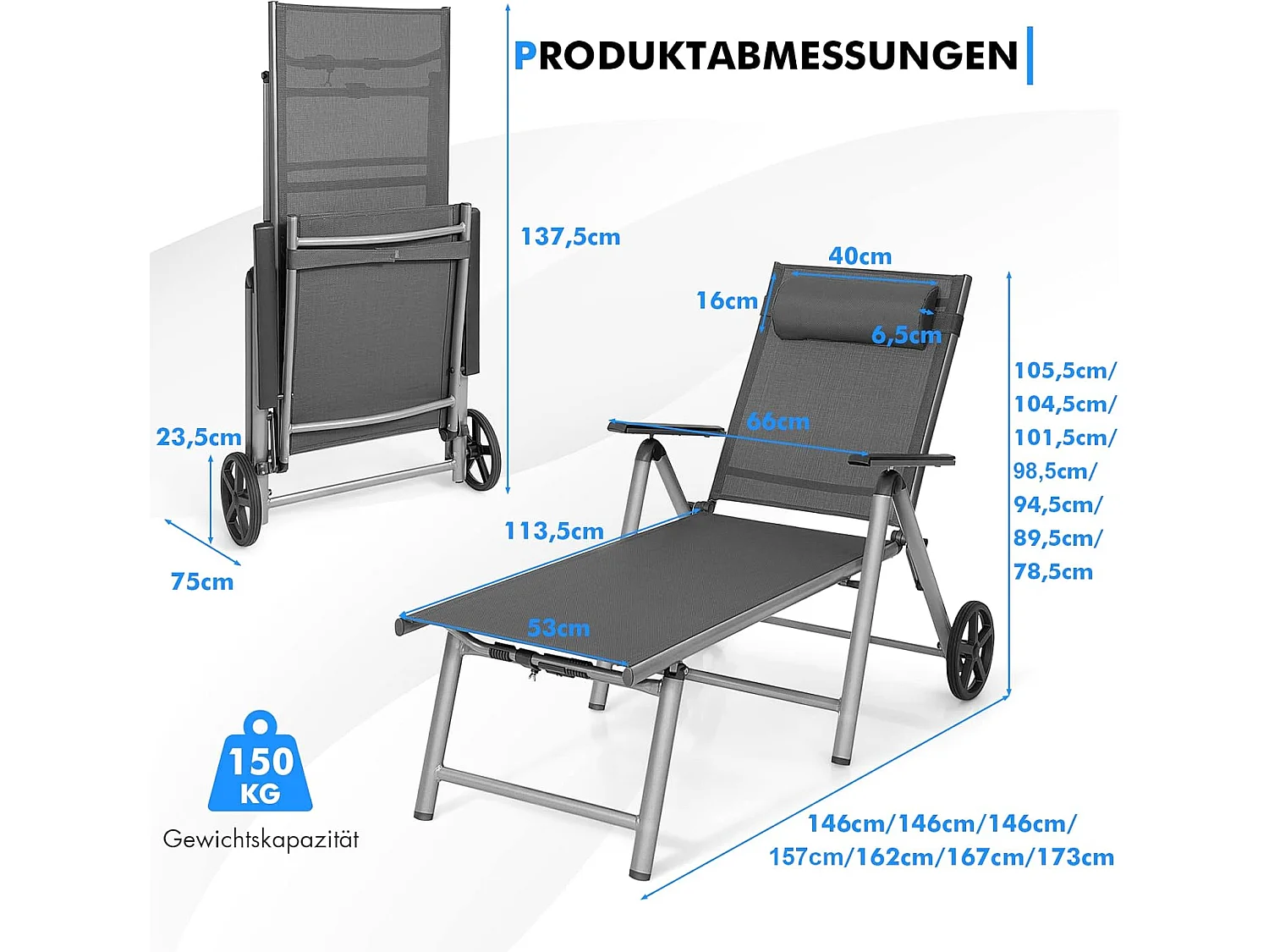 Zonneligstoel van aluminium met wieltjes, inklapbare ligstoel met 7-voudig verstelbare rugleuning, ligstoel, klapstoel voor tuin, balkon, terras