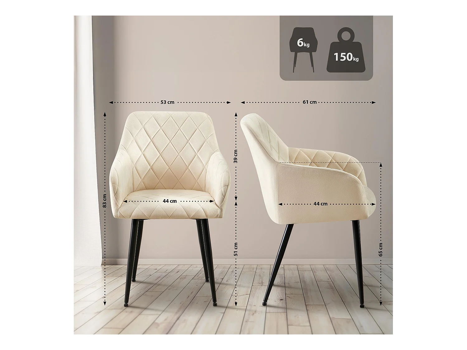 Lot de 2  chaises avec accoudoirs - Velours - Crème - Monett