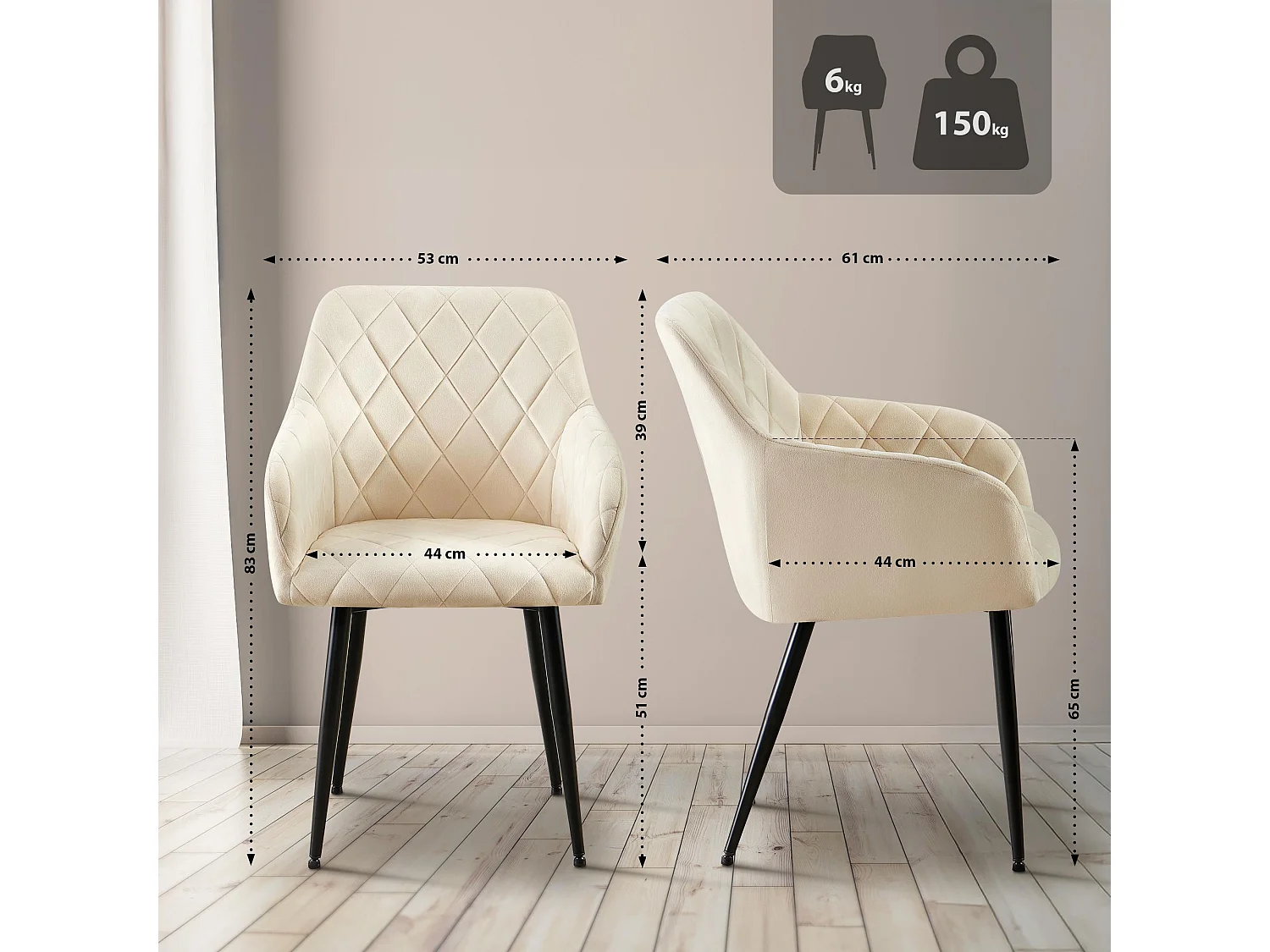 Lot de 2  chaises avec accoudoirs - Velours - Crème - Monett