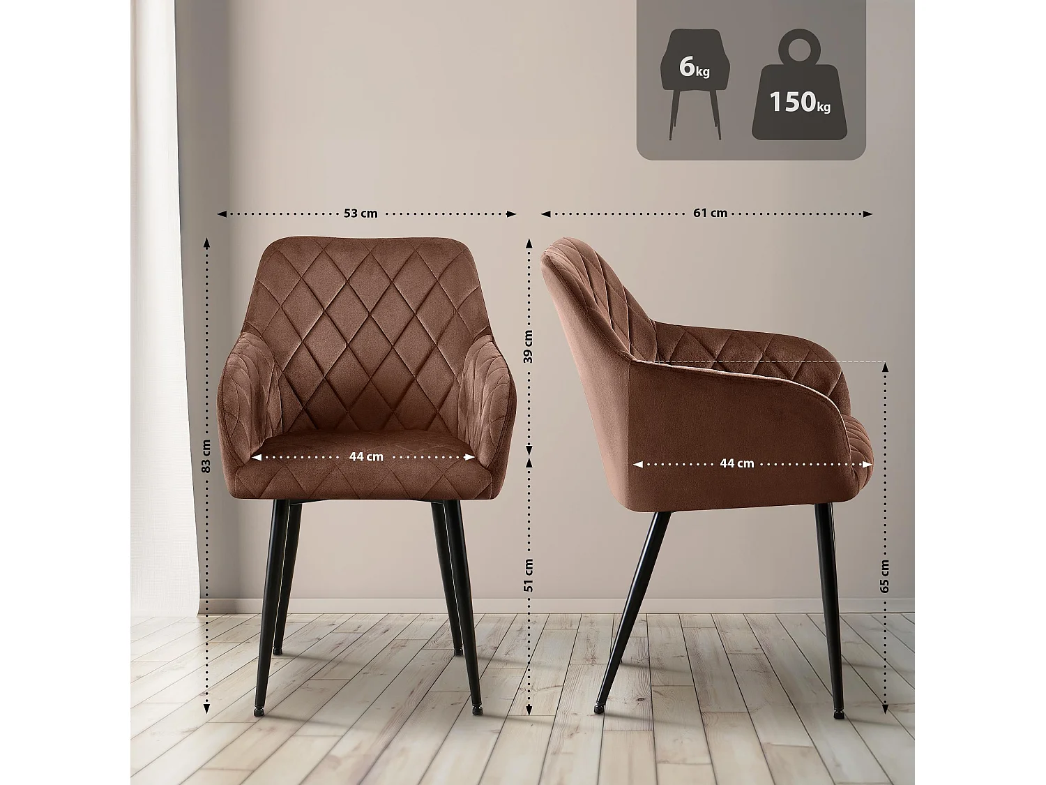 Lot de 2  chaises avec accoudoirs - Velours - Marron - Monett