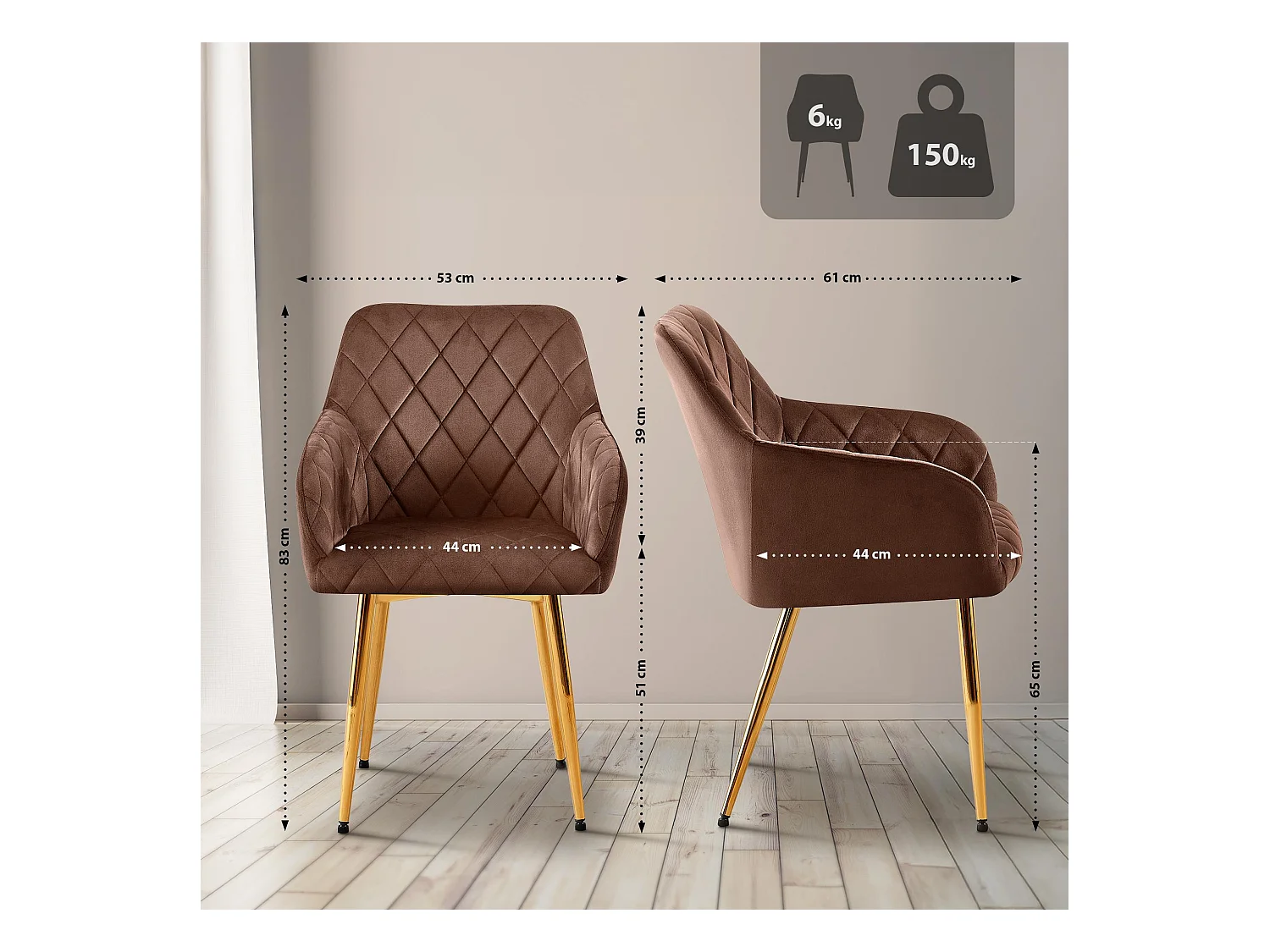 Lot de 2  chaises avec accoudoirs - Velours - Marron - Monett