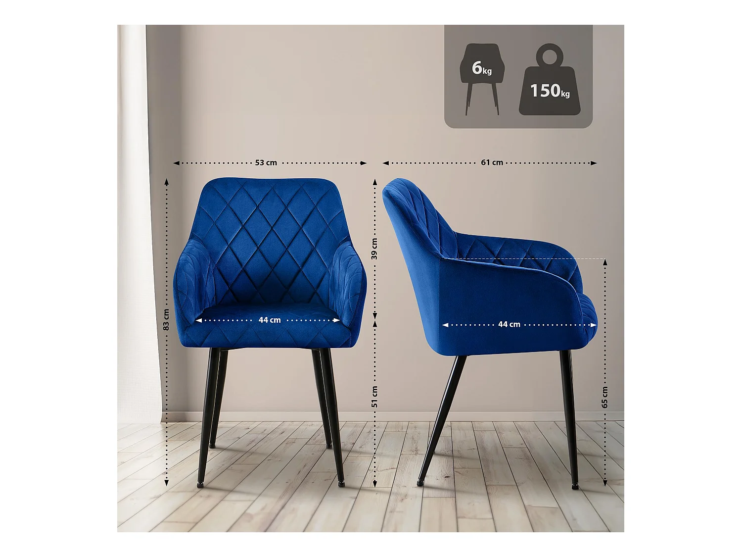 Lot de 2  chaises avec accoudoirs - Velours - Bleu foncé - Monett